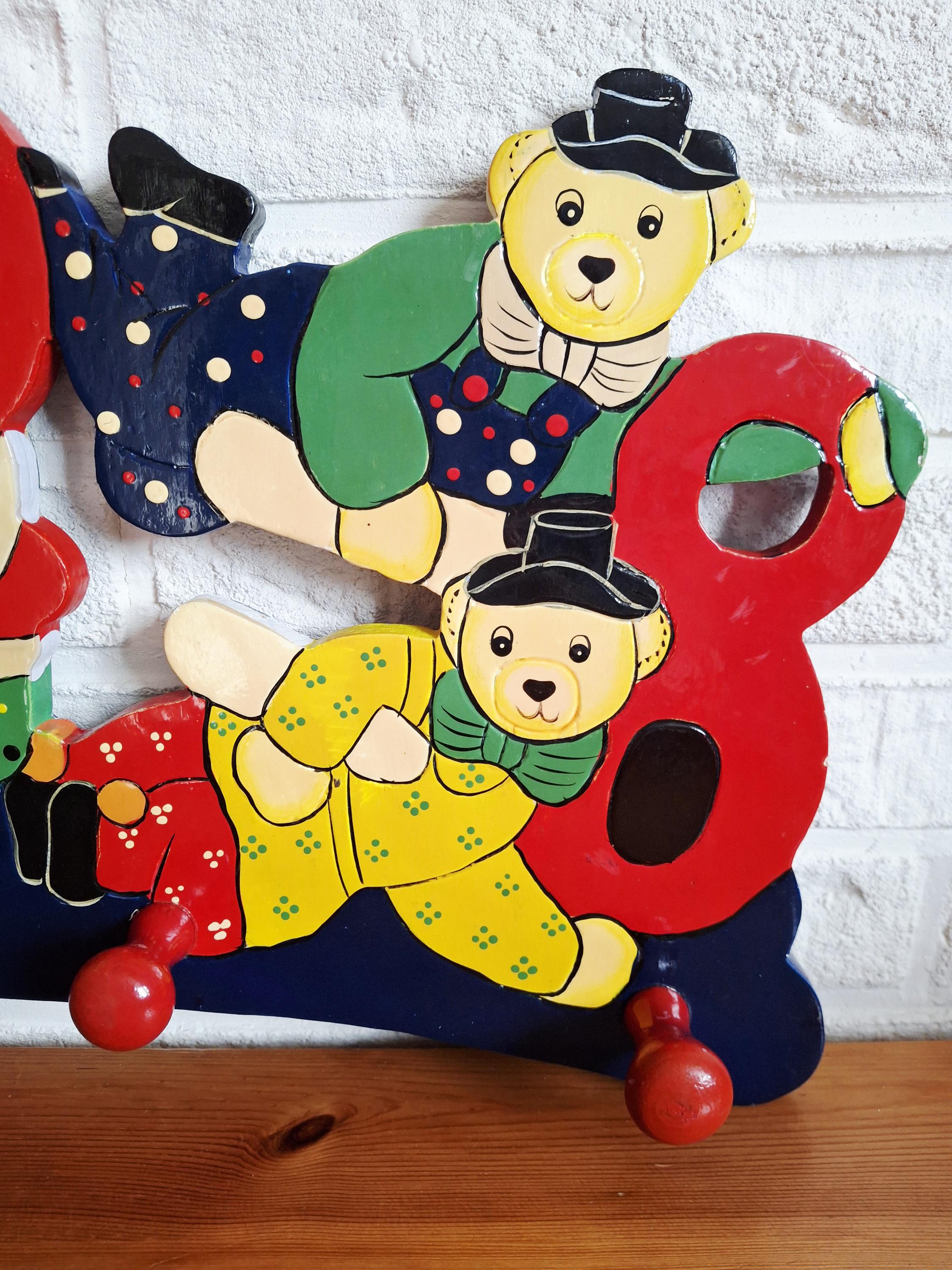 Vintage wooden wall hooks, Circus bears & clown coat rack set, Hand-painted children’s room decor