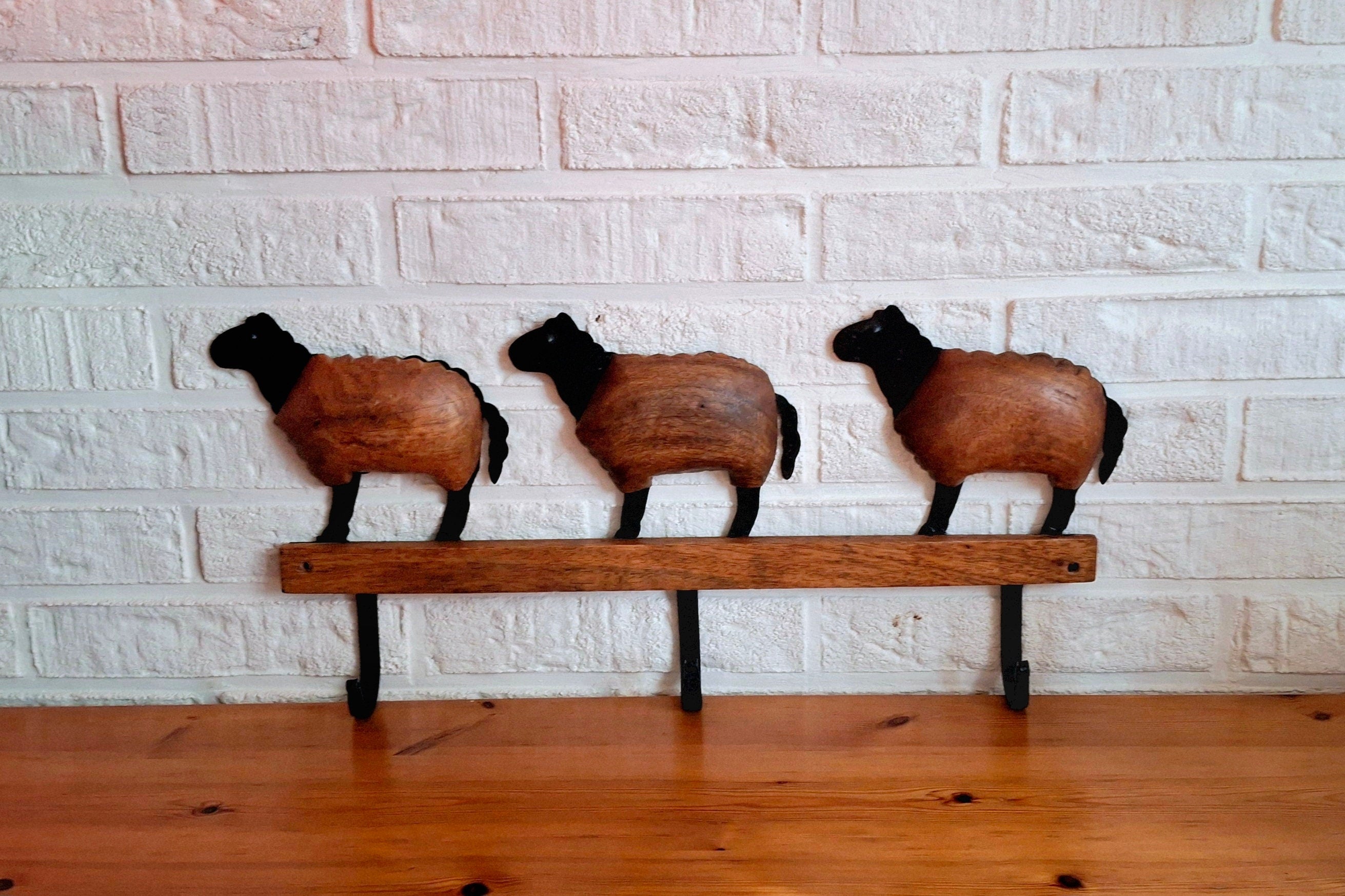 Wooden shaped sheeps with metal hooks, Vintage wooden and black metal coat hangers