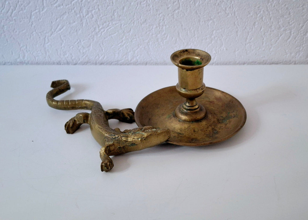 Lizard figurine and candle holder, vintage brass set