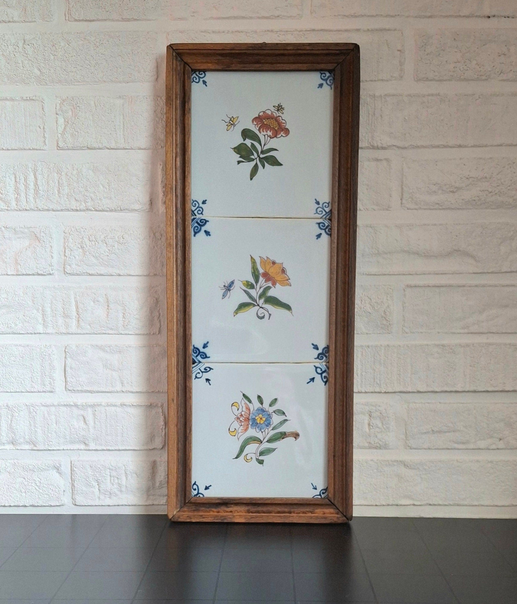 Three framed flower tiles Tichelaars Royal Makkum Pottery