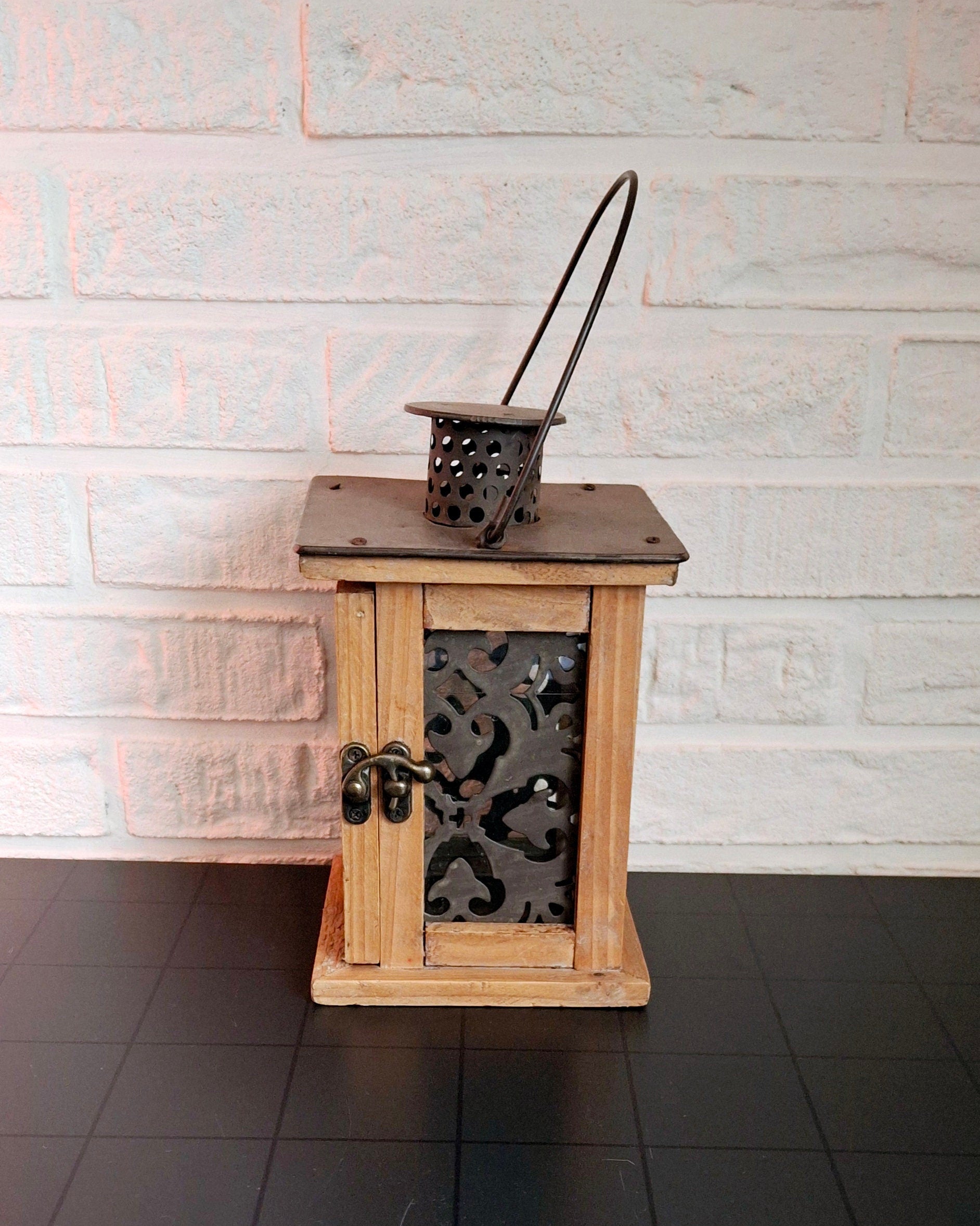 Vintage Rustic Wooden Lantern with Metal Accents