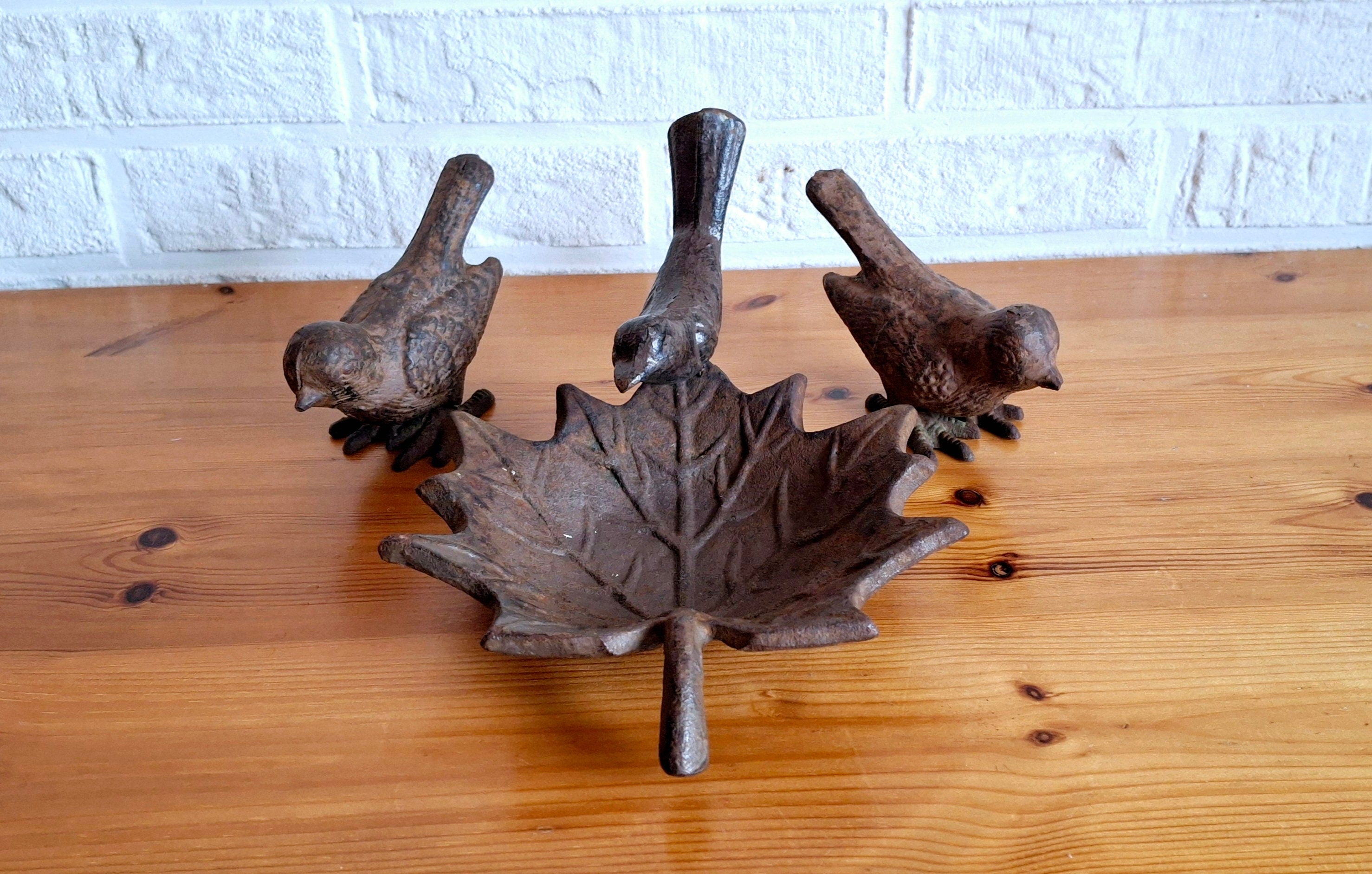 Cast iron bird figurines, Maple leaf bird bath