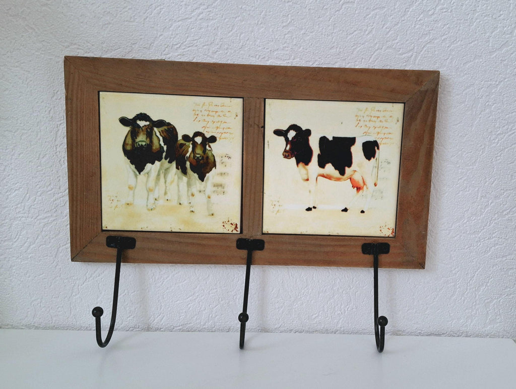 Rustic Wall Hook with Cow Tile Art