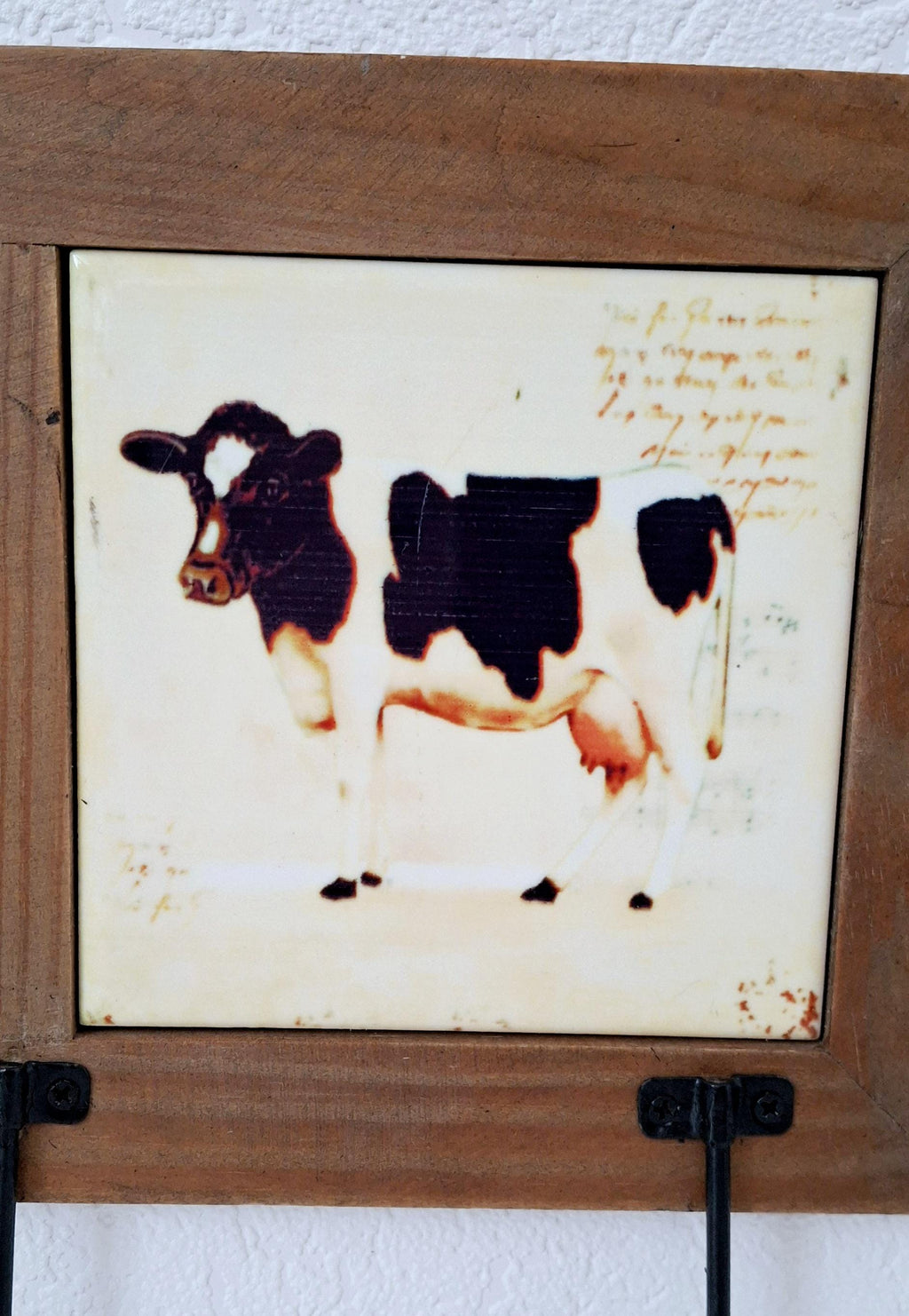 Rustic Wall Hook with Cow Tile Art