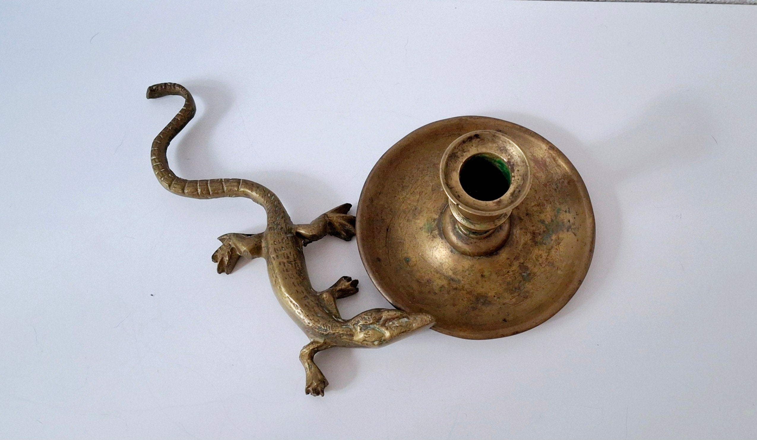 Lizard figurine and candle holder, vintage brass set