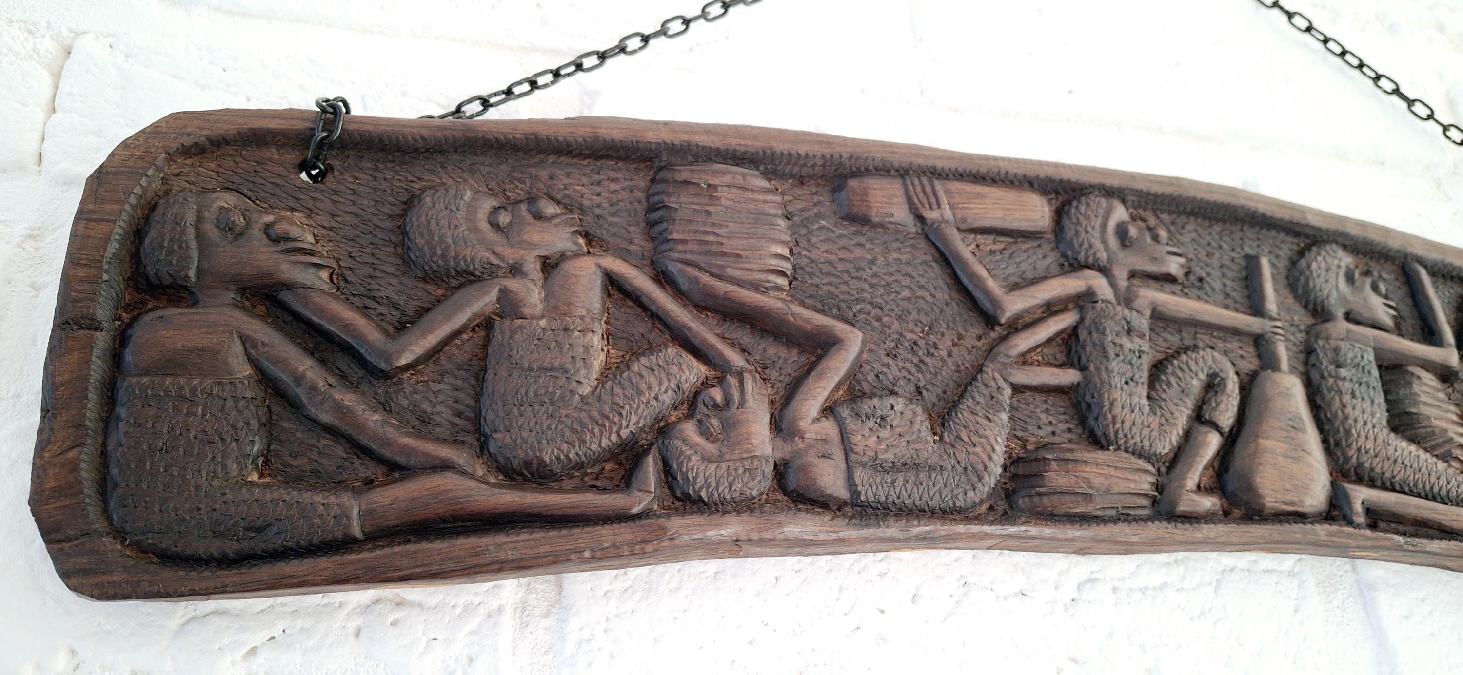 African wooden wall plaque, Hand carved tribal carvings