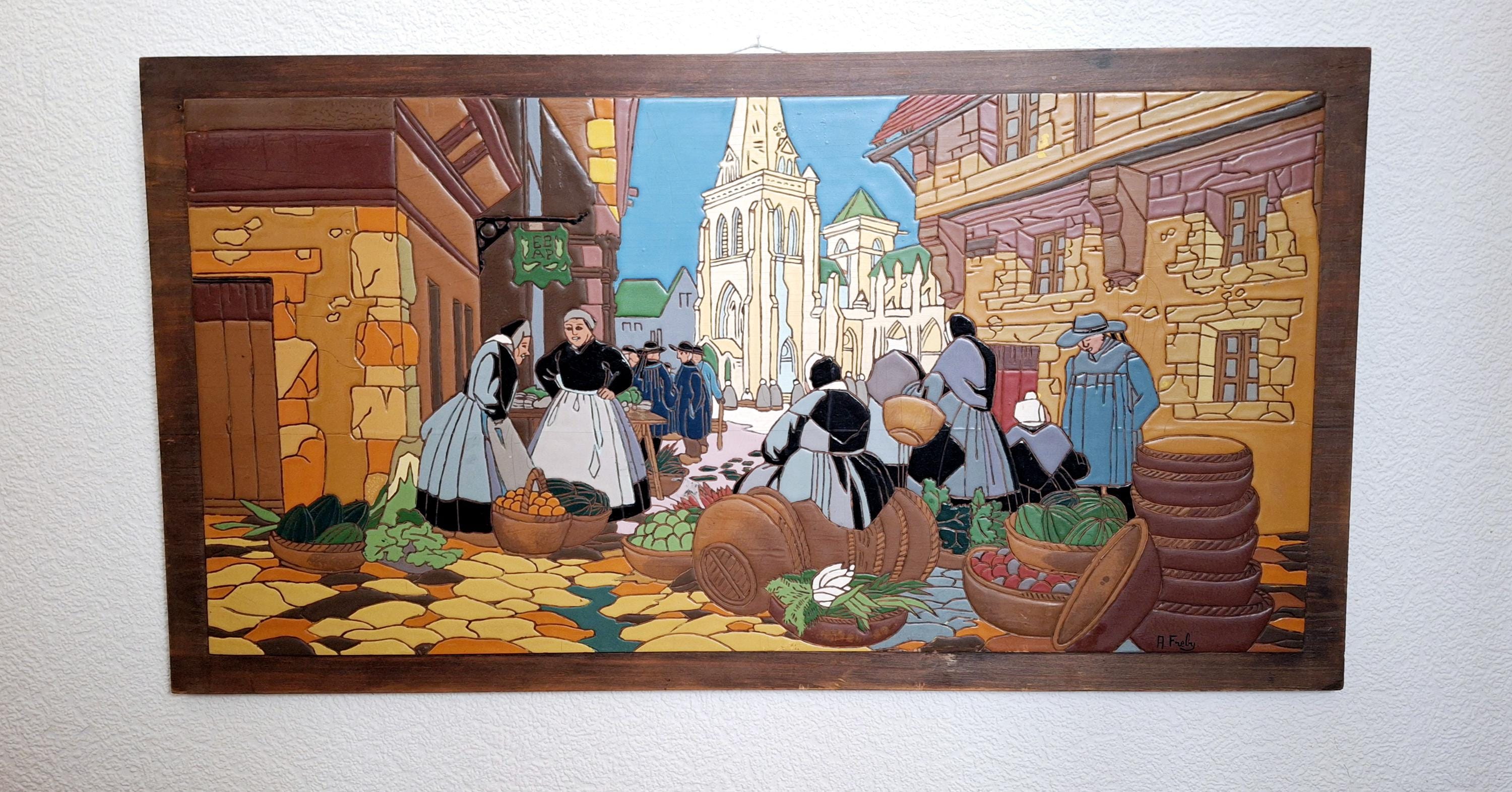 Wooden hand-carved panel, glazed with colorful enamel, Breton market scene