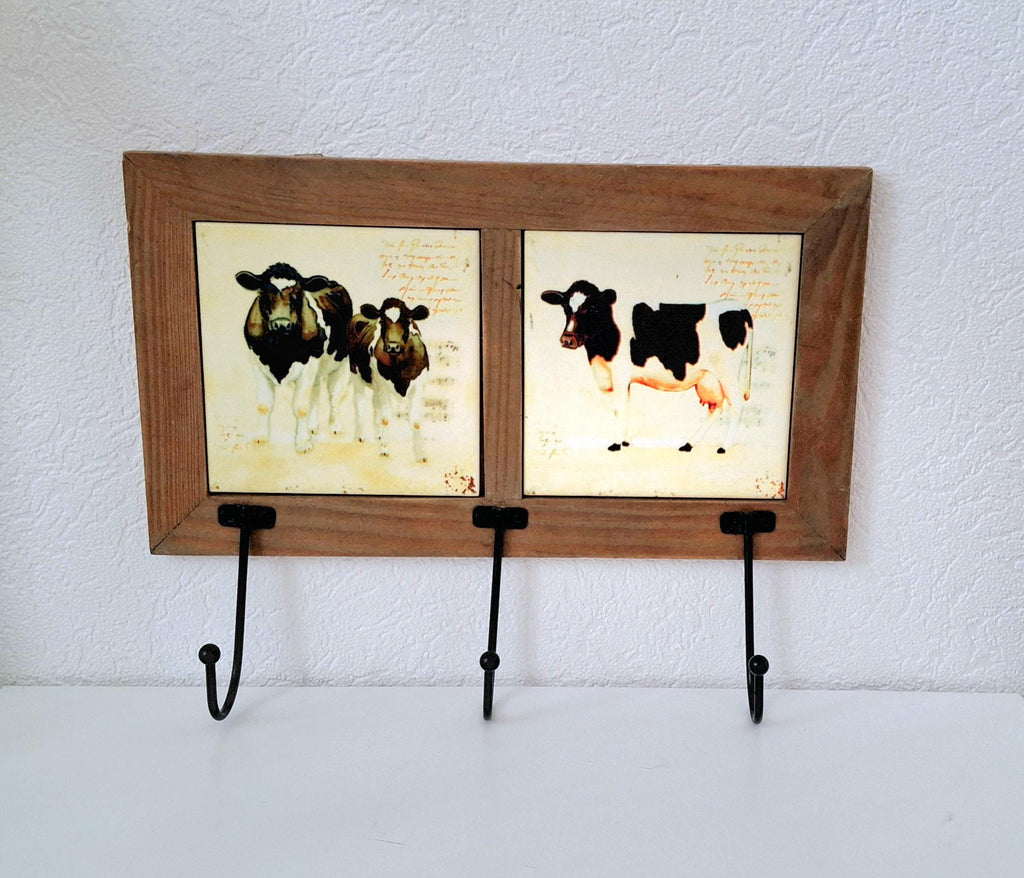 Rustic Wall Hook with Cow Tile Art