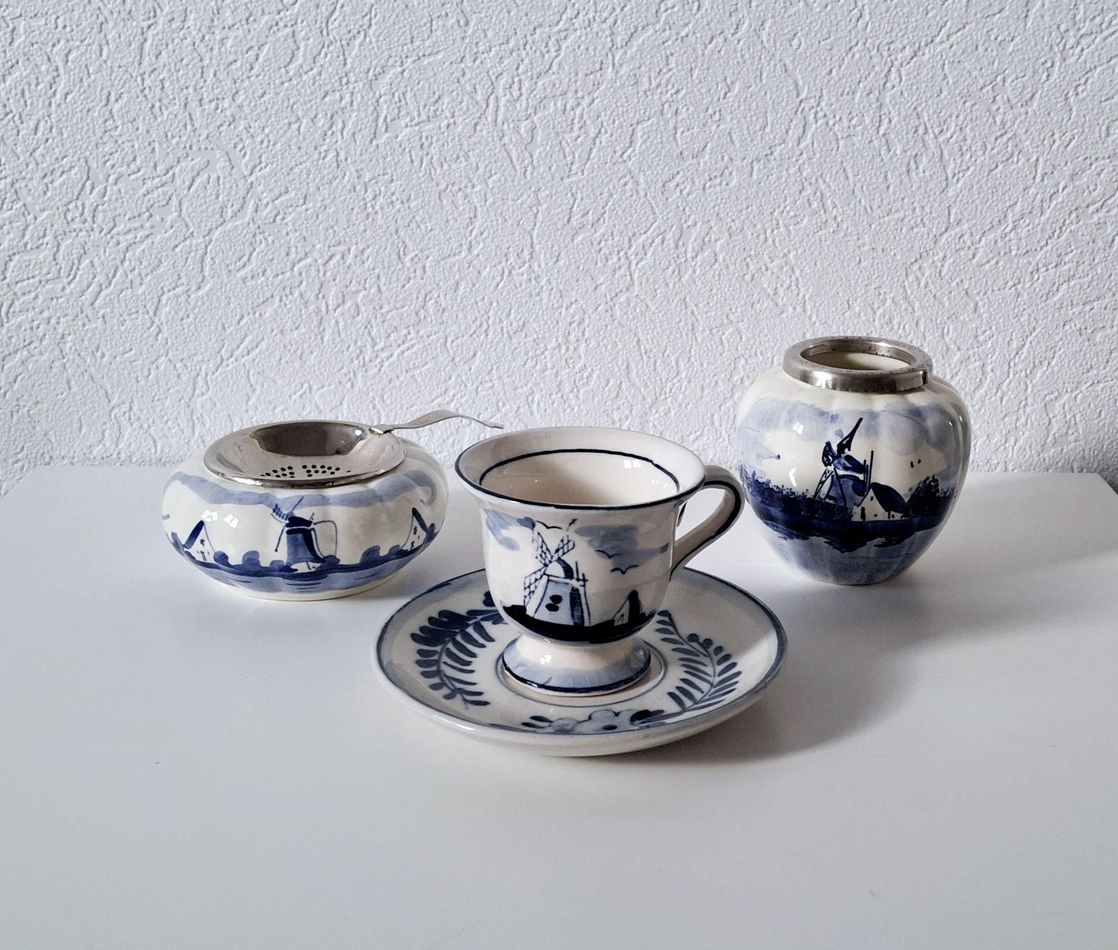 Dutch ceramic tea set collection, set of 3 Delftware pottery