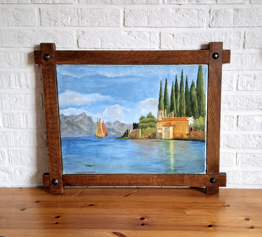 Vintage Mediterranean Sea Coastal Oil Painting with Wooden Frame