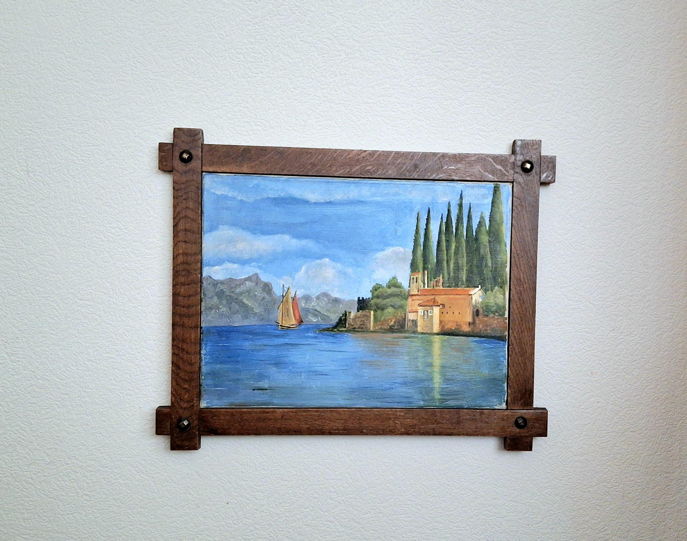 Vintage Mediterranean Sea Coastal Oil Painting with Wooden Frame