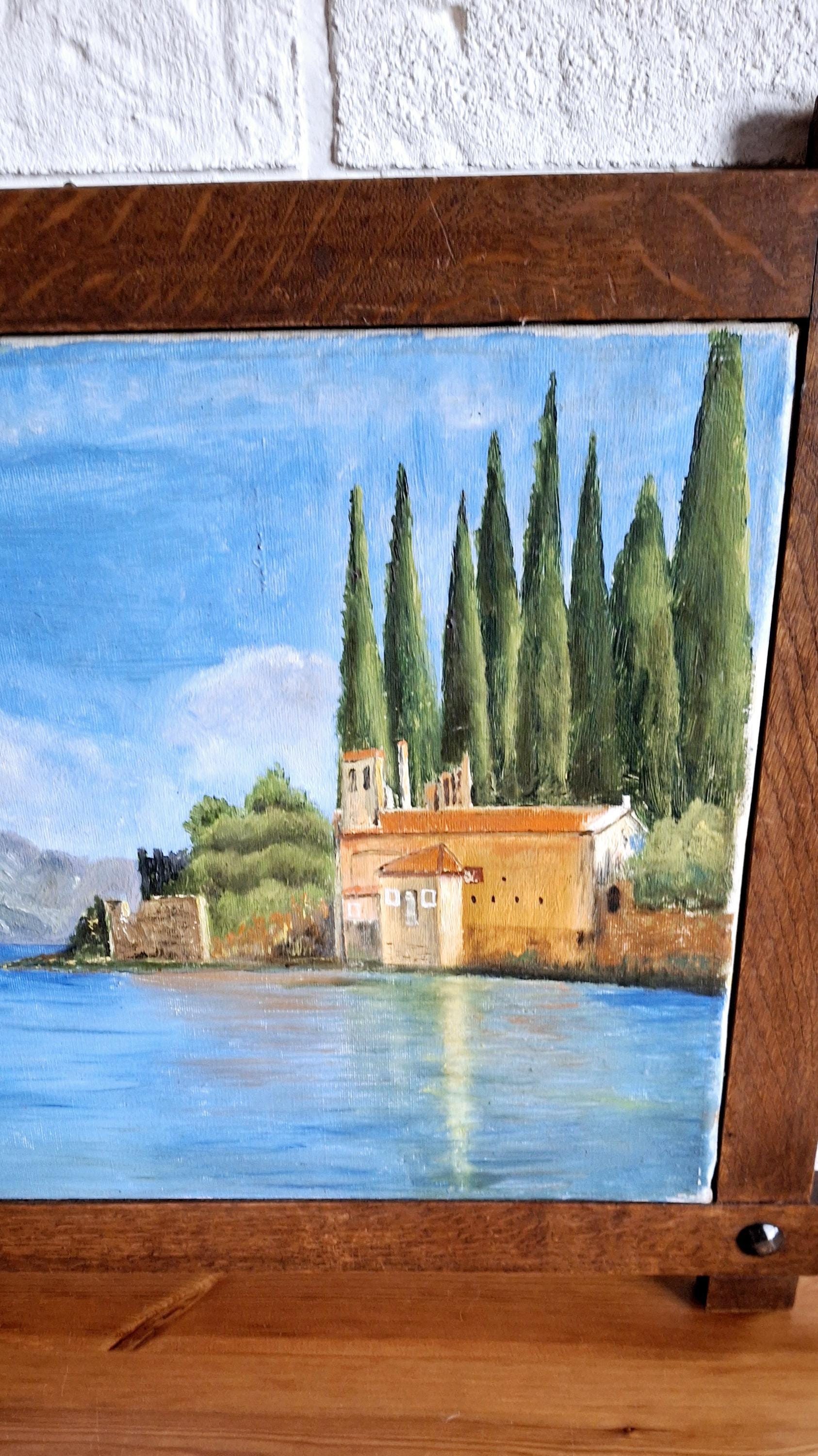 Vintage Mediterranean Sea Coastal Oil Painting with Wooden Frame