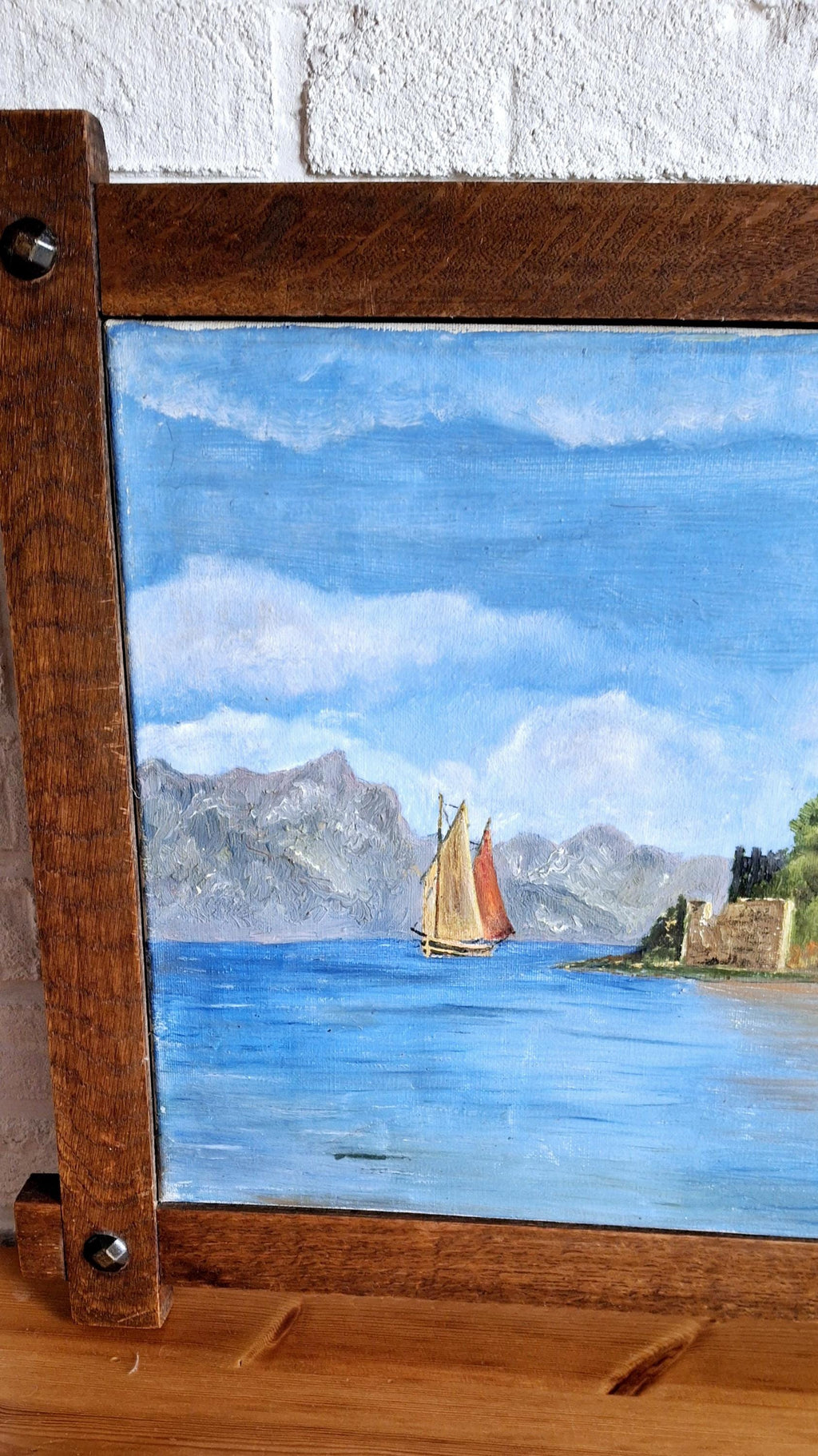 Vintage Mediterranean Sea Coastal Oil Painting with Wooden Frame