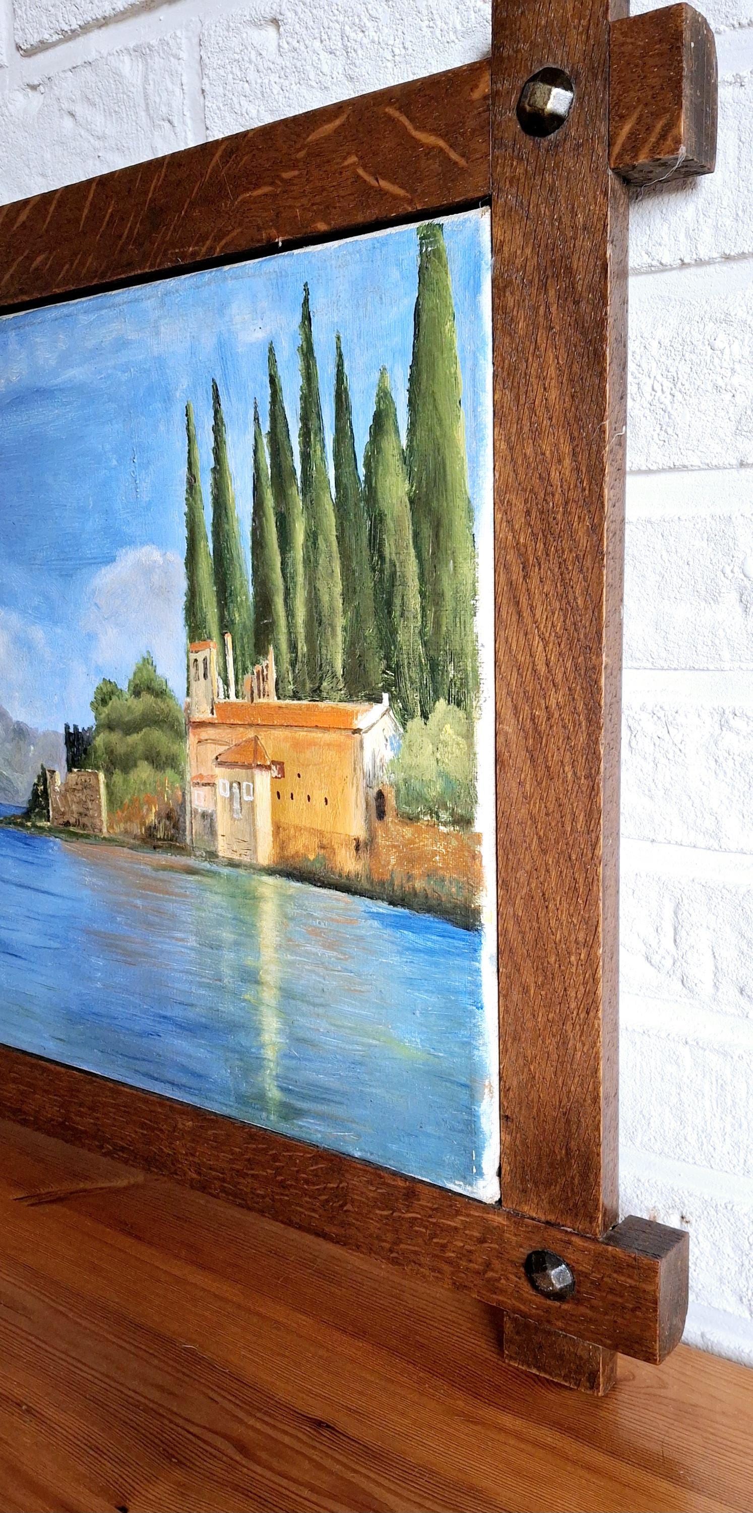 Vintage Mediterranean Sea Coastal Oil Painting with Wooden Frame
