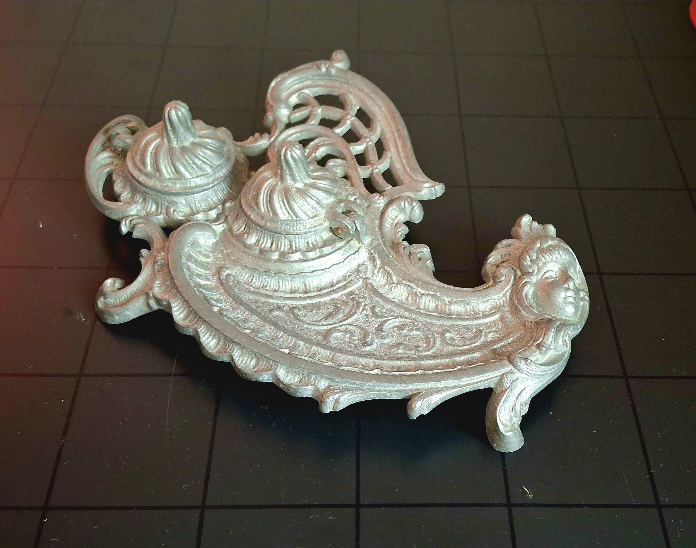 Antique Metal Inkwell with Baroque Ornamentation