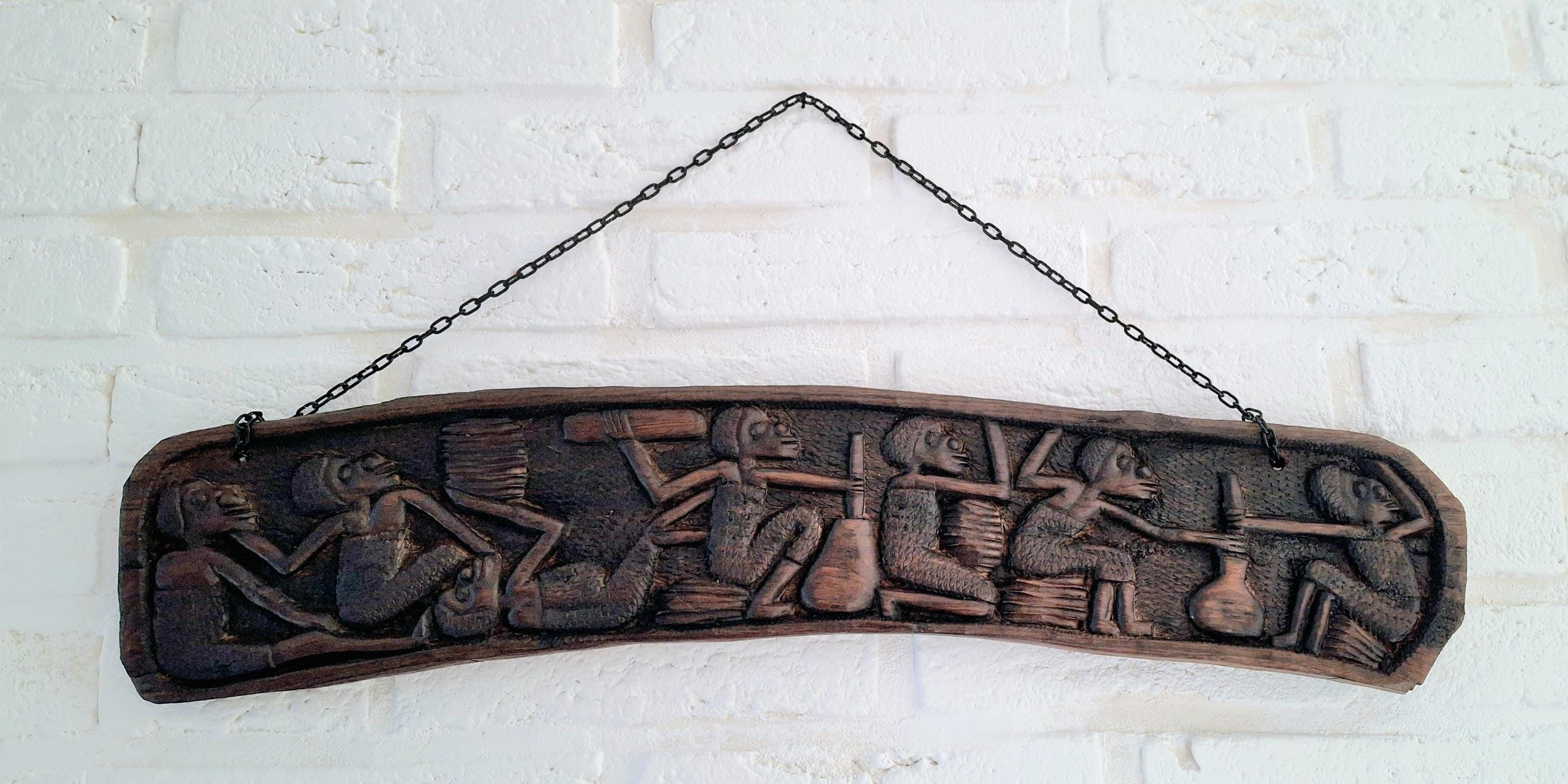 African wooden wall plaque, Hand carved tribal carvings