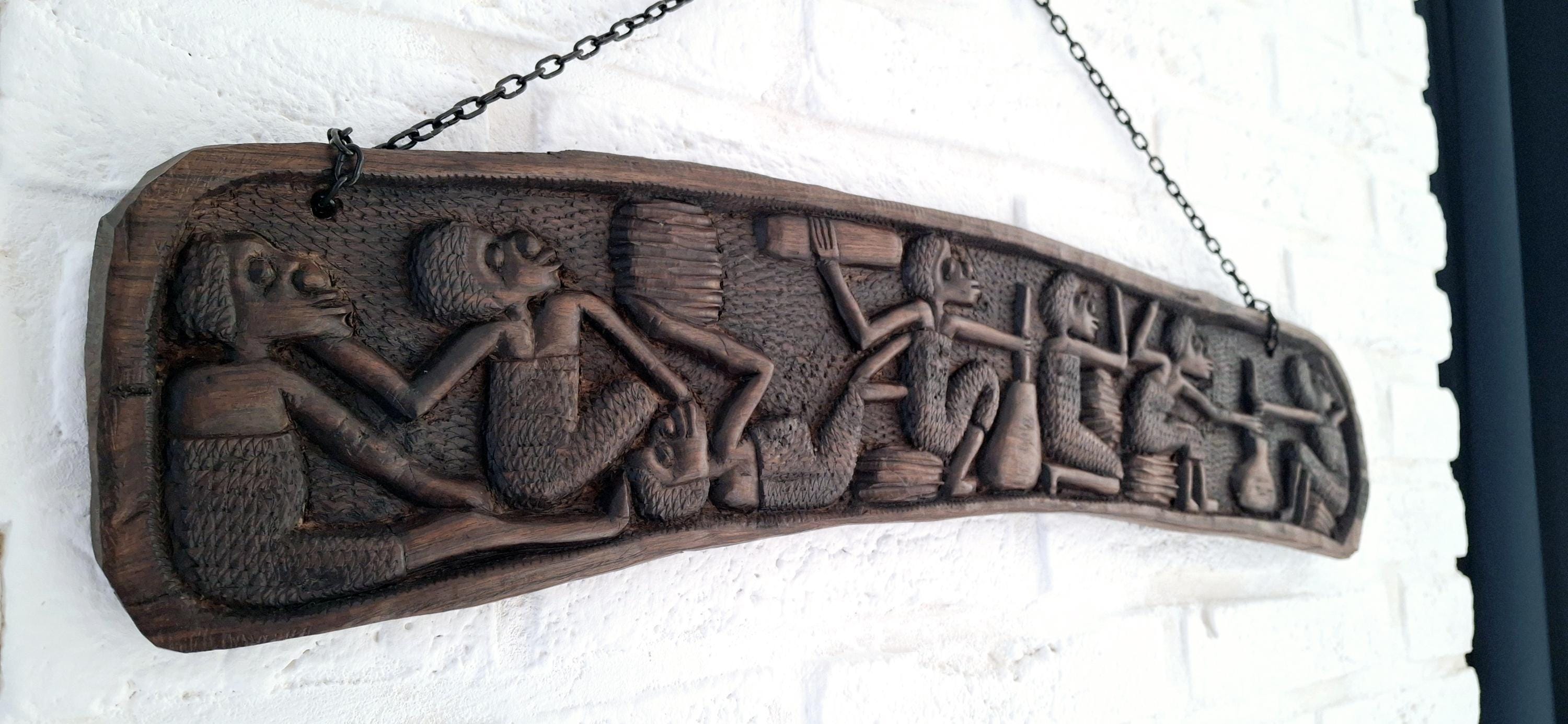 African wooden wall plaque, Hand carved tribal carvings