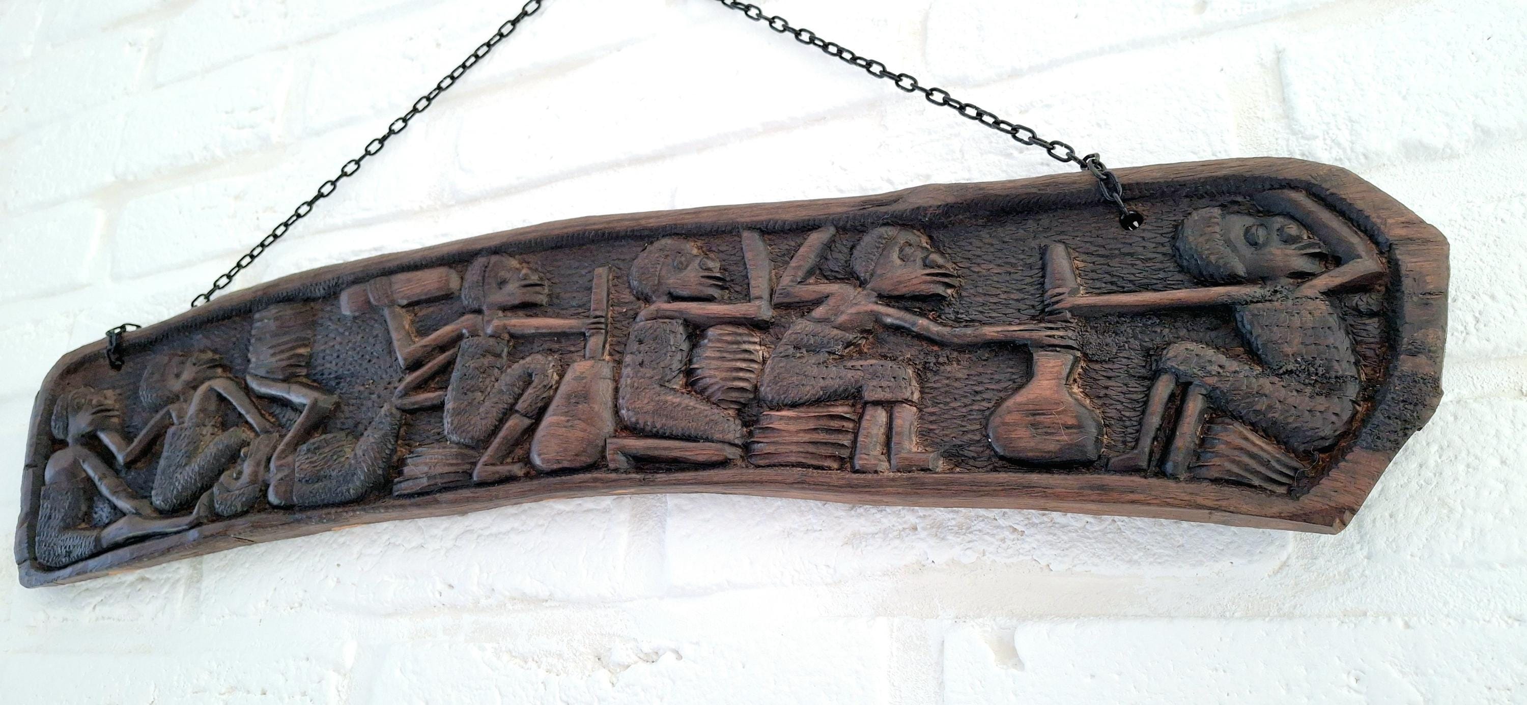 African wooden wall plaque, Hand carved tribal carvings