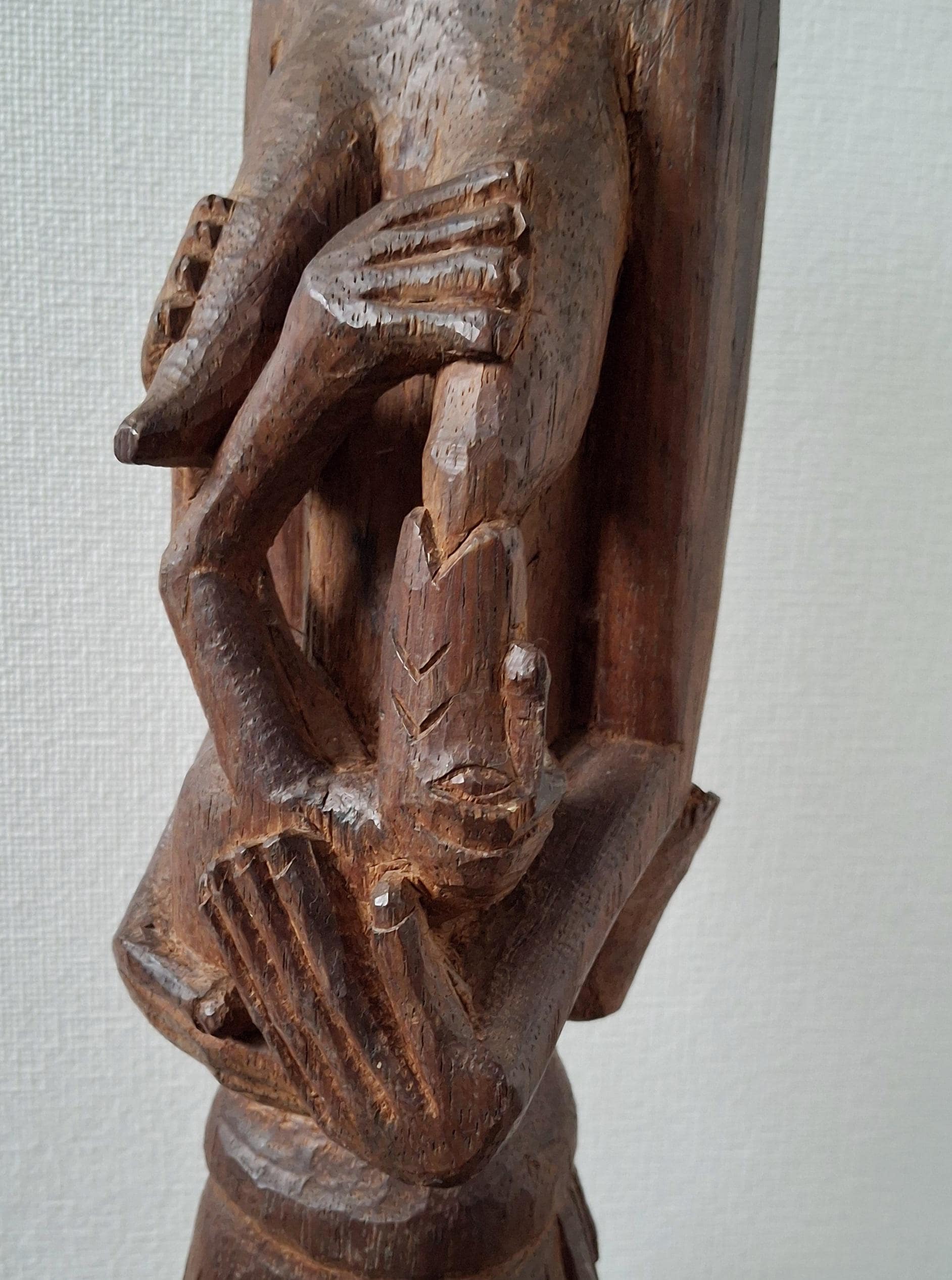 Vintage tall hand-carved wooden sculpture, mother and baby - 64 cm
