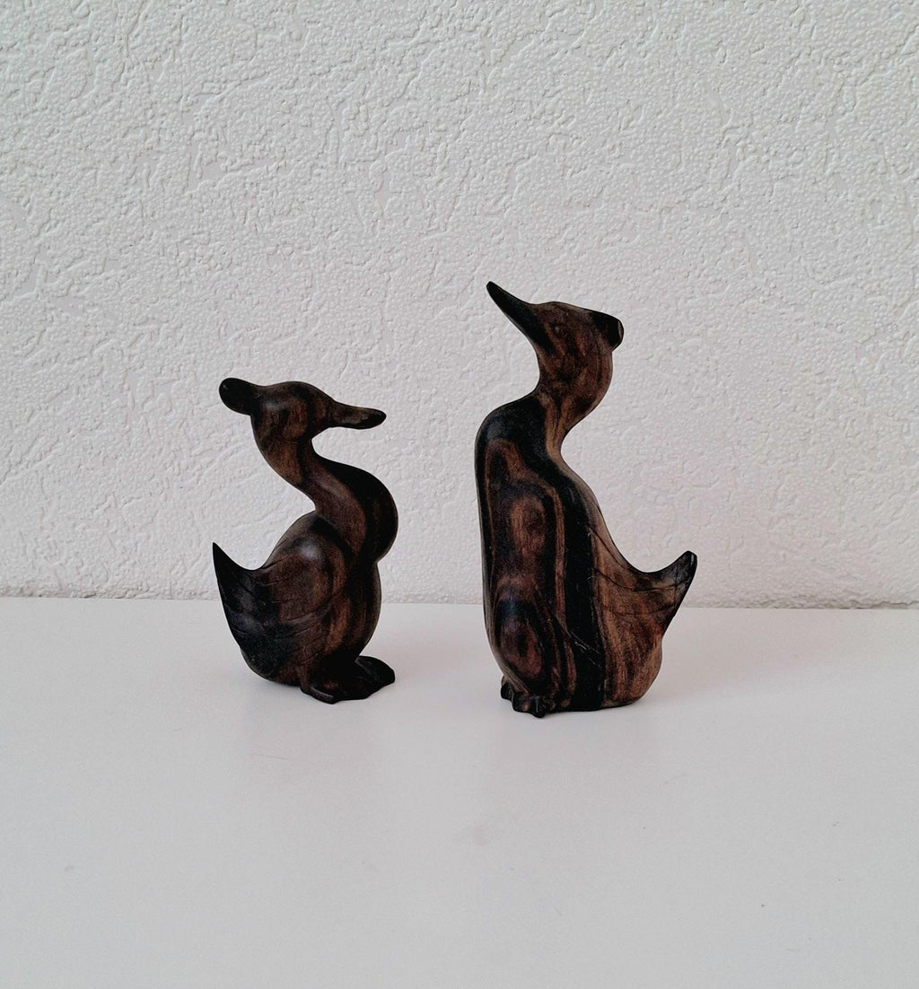 Duck and drake small ironwood carved figurine pair