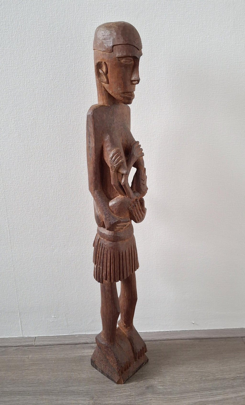 Vintage tall hand-carved wooden sculpture, mother and baby - 64 cm