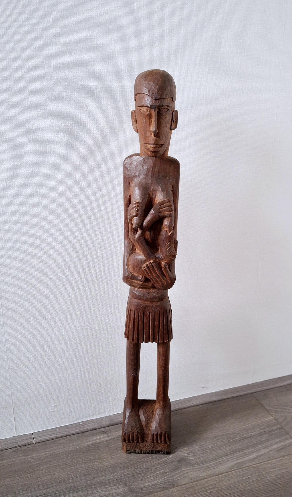 Vintage tall hand-carved wooden sculpture, mother and baby - 64 cm