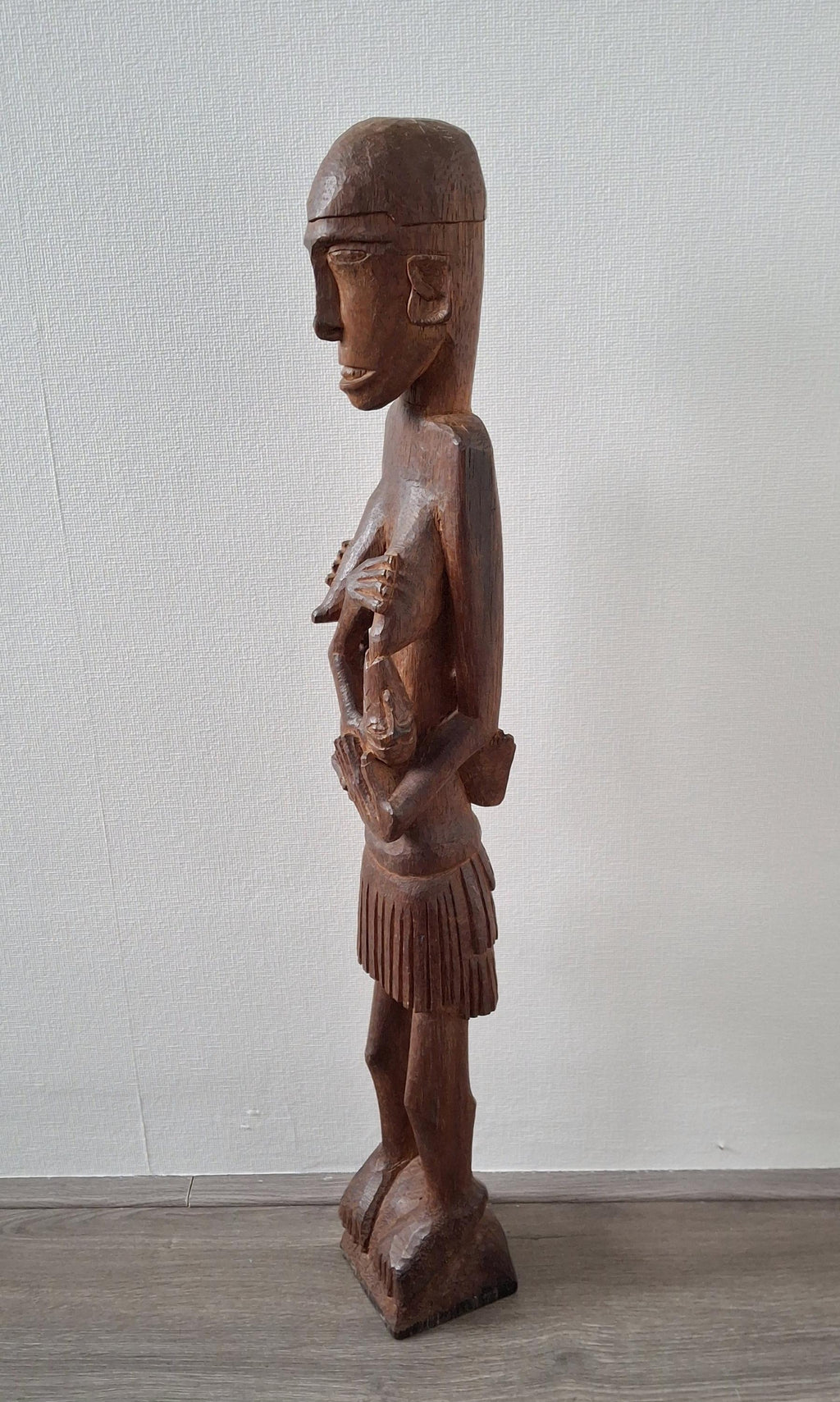 Vintage tall hand-carved wooden sculpture, mother and baby - 64 cm