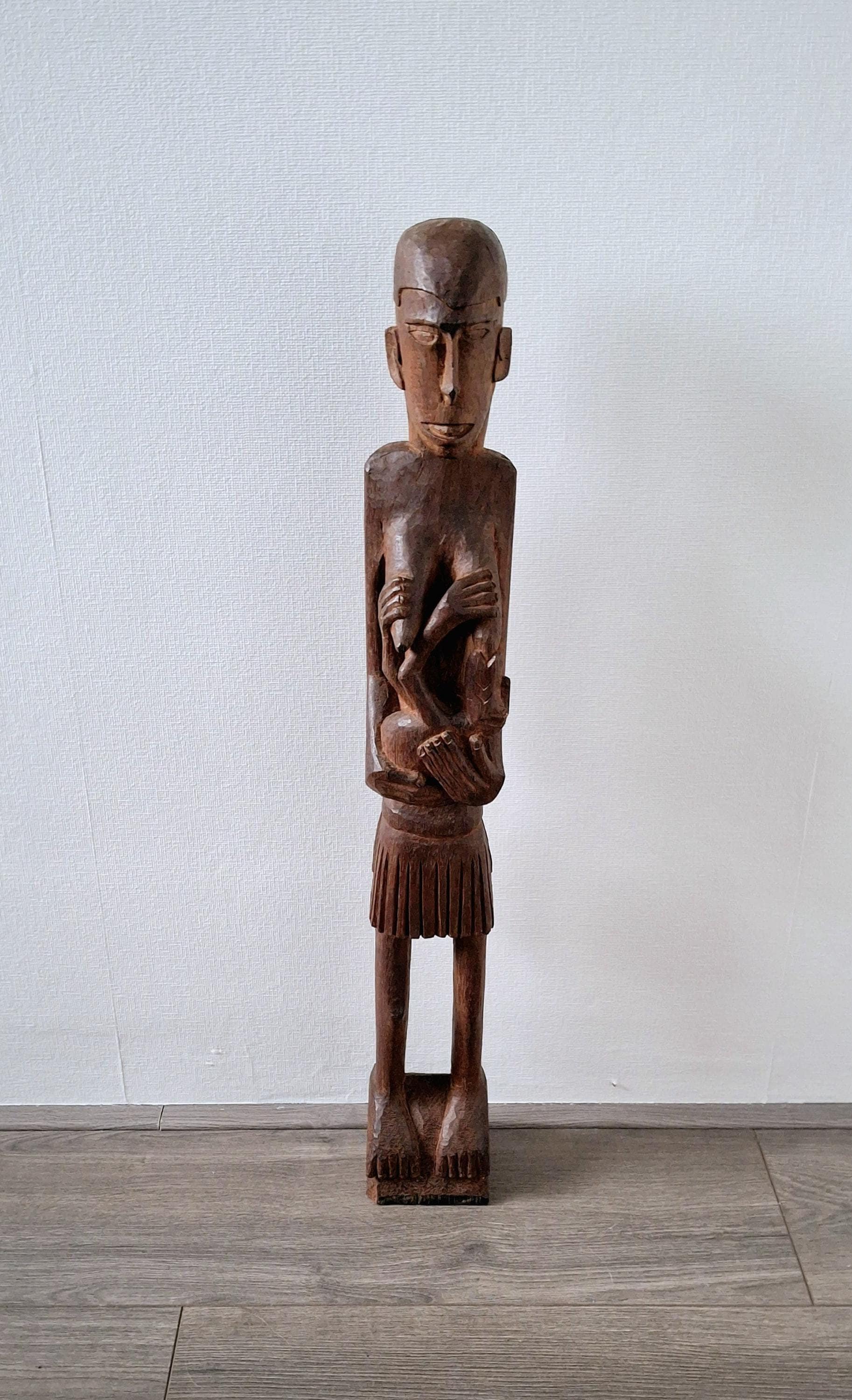 Vintage tall hand-carved wooden sculpture, mother and baby - 64 cm