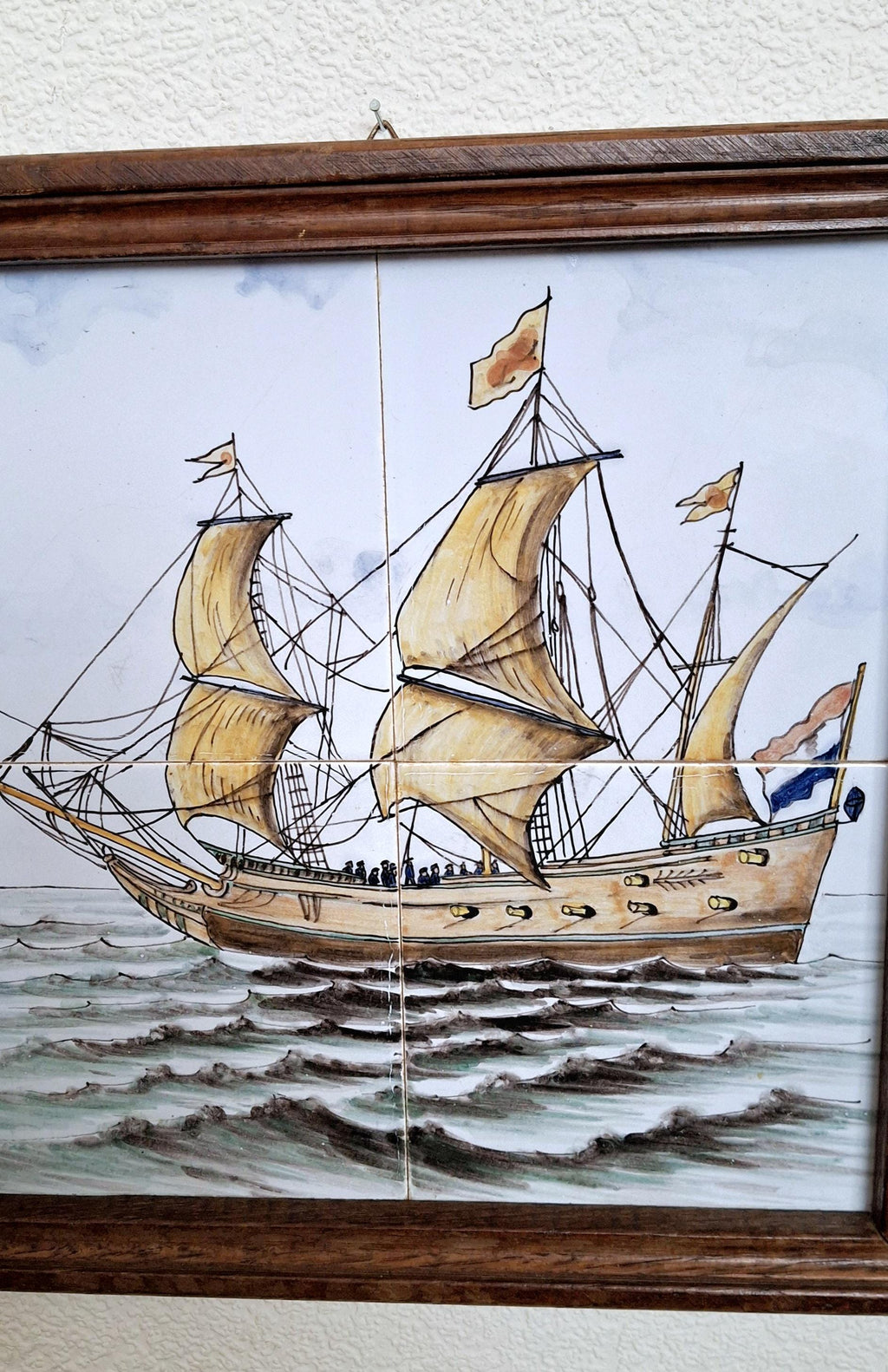 Rare hand-painted framed tile artwork, Dutch sailing ship, ceramic maritime scene