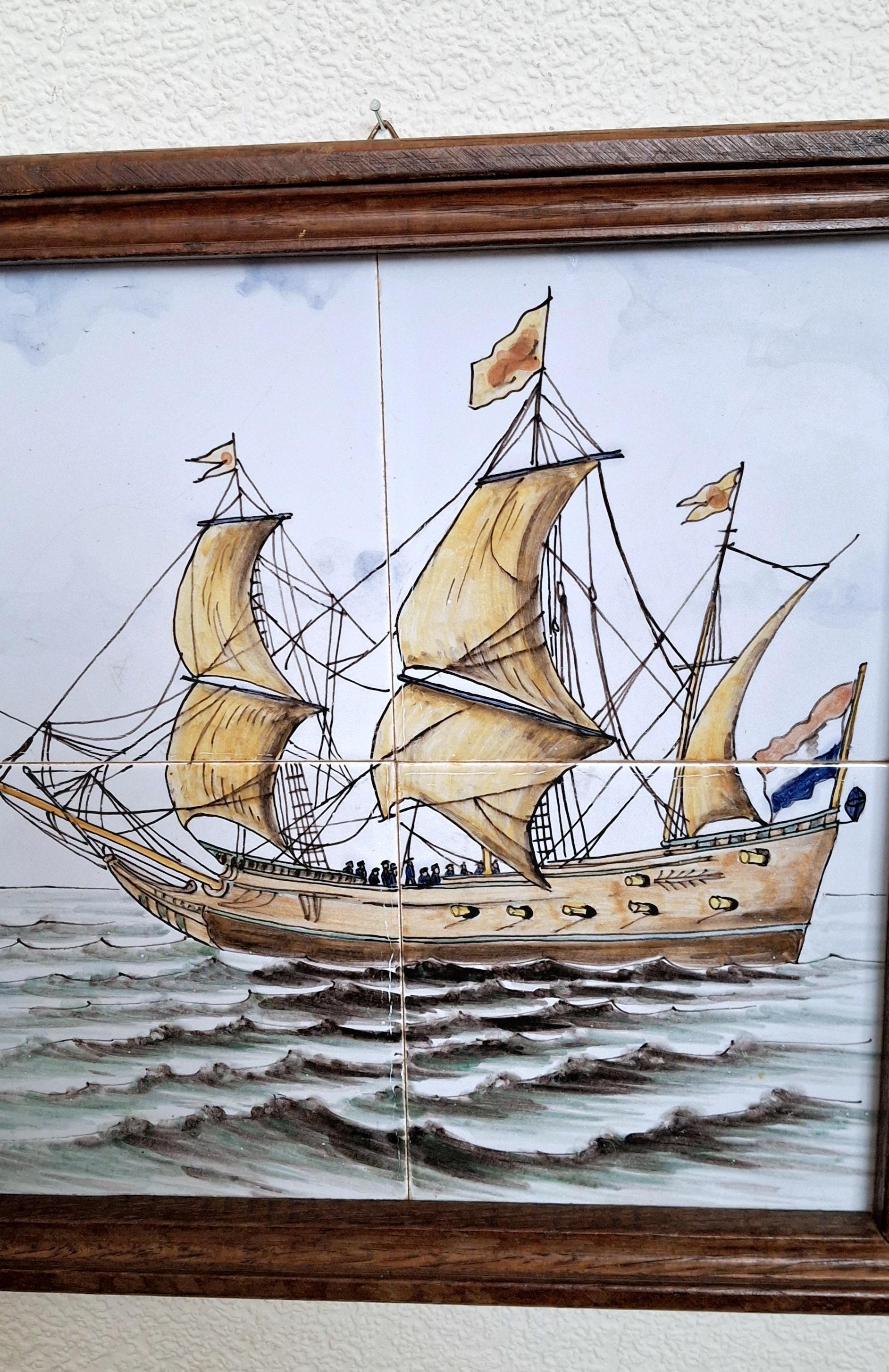 Rare hand-painted framed tile artwork, Dutch sailing ship, ceramic maritime scene