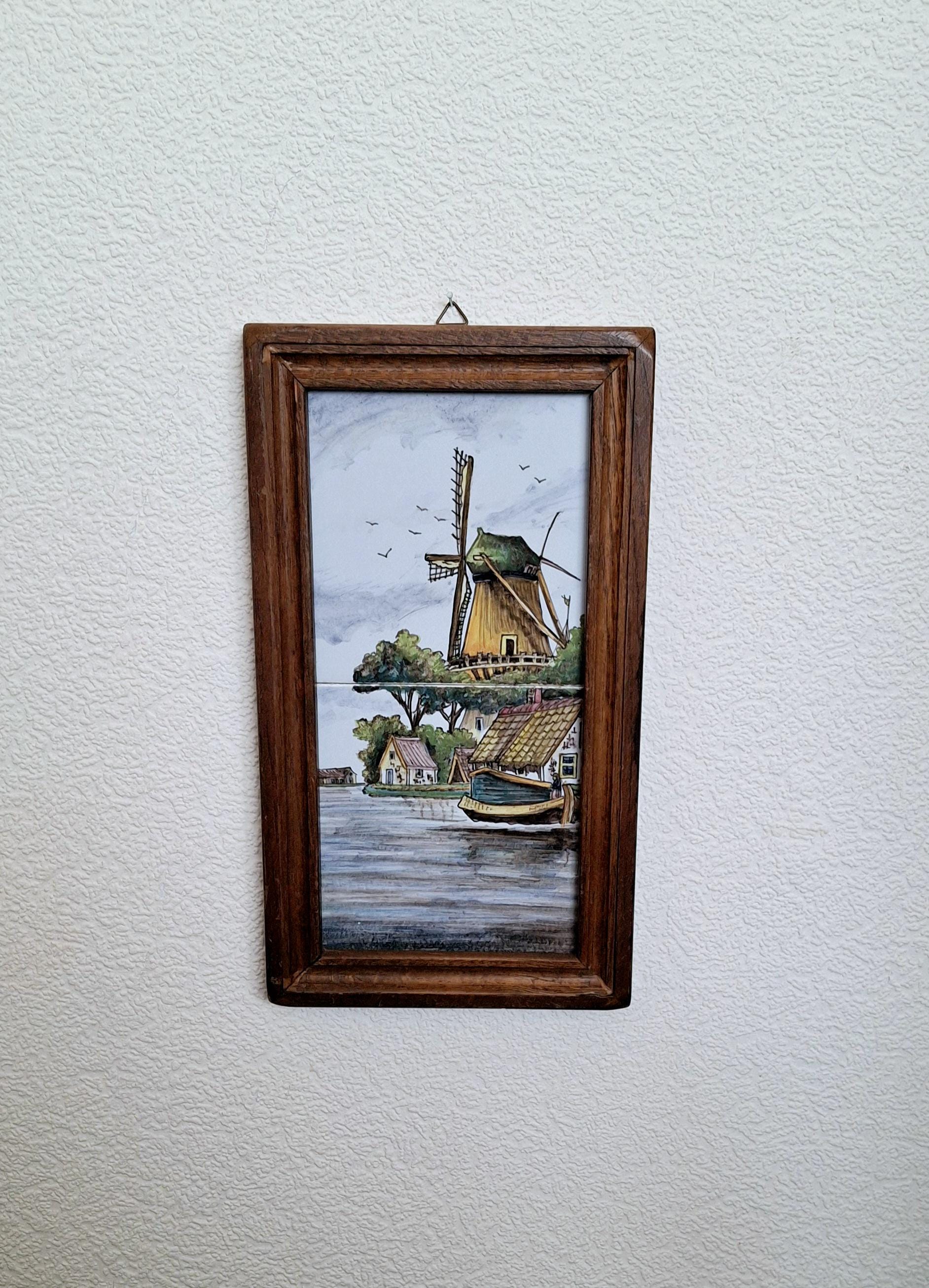 Hand painted Dutch ceramic tile panel, traditional Dutch windmill and waterside village scene