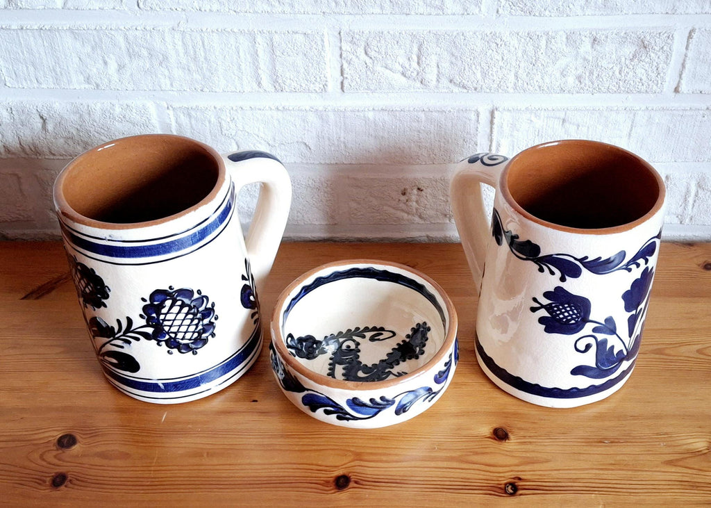 Ceramic beer set, beer mugs and bowl with blue floral design