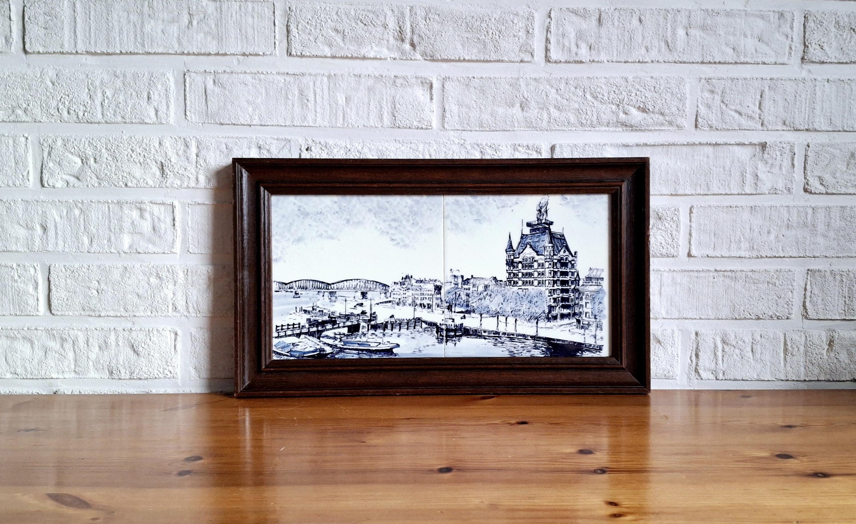 Framed Delft Blue tile artwork, Amsterdam cityscape