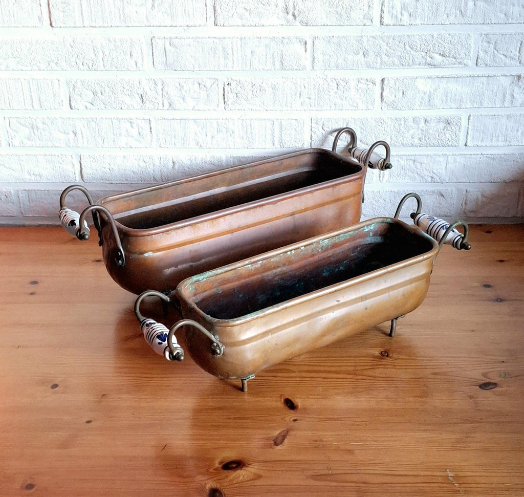 Two antique dutch copper planters, Hand wash bowl with Delft Porcelain Handles