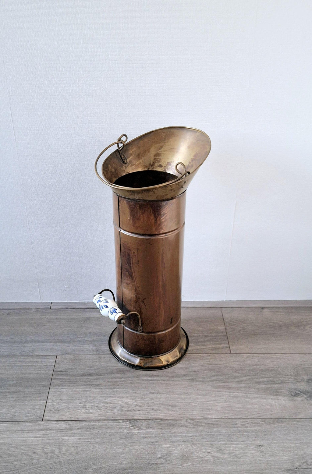 Holland brass umbrella stand, Copper coal scuttle, Vintage fireplace accessory