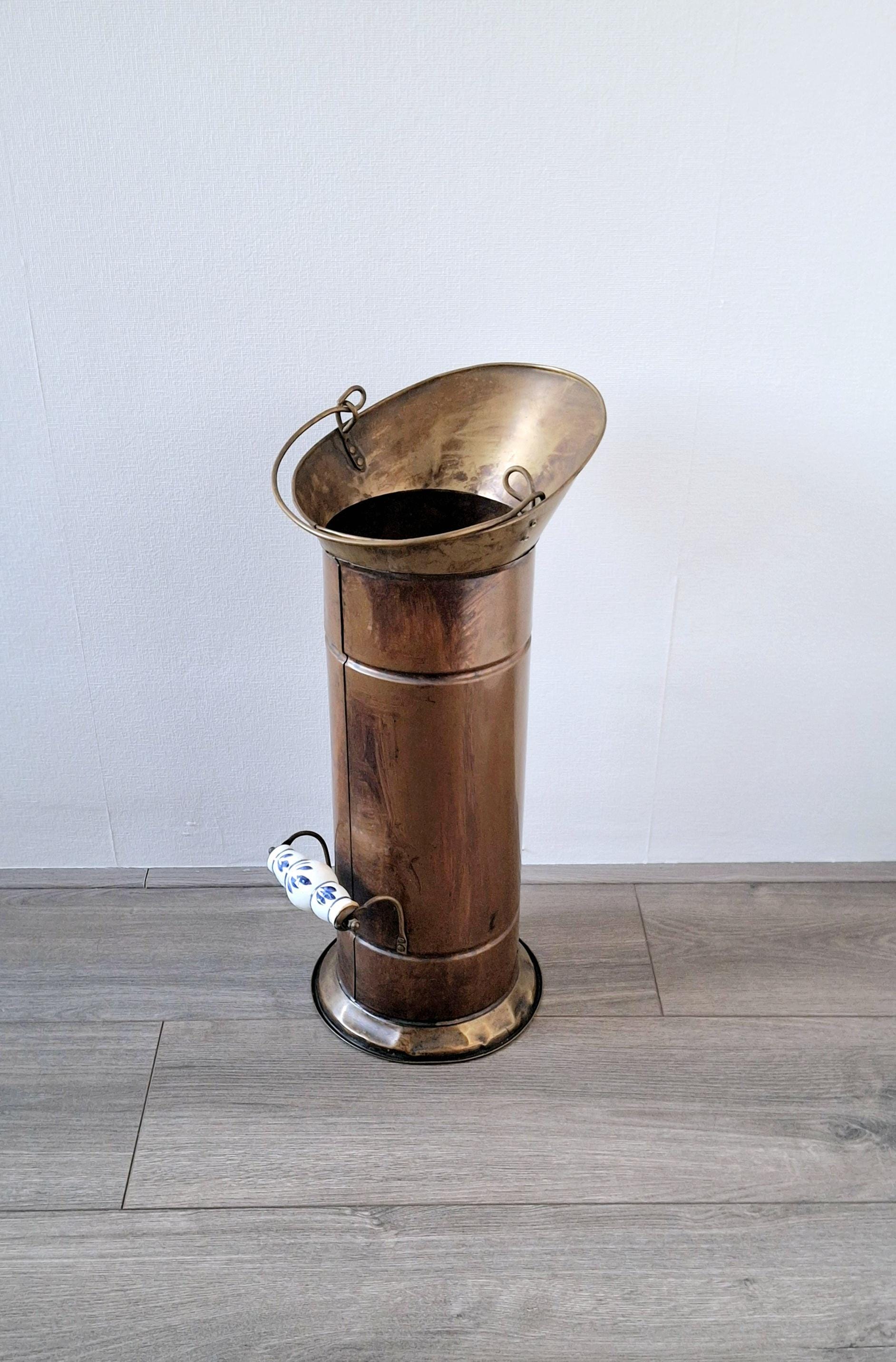 Holland brass umbrella stand, Copper coal scuttle, Vintage fireplace accessory