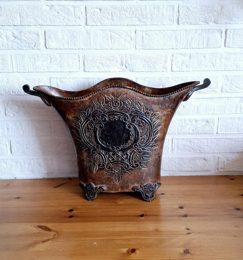 Antique decorative metal planter, Fireplace accessory holder