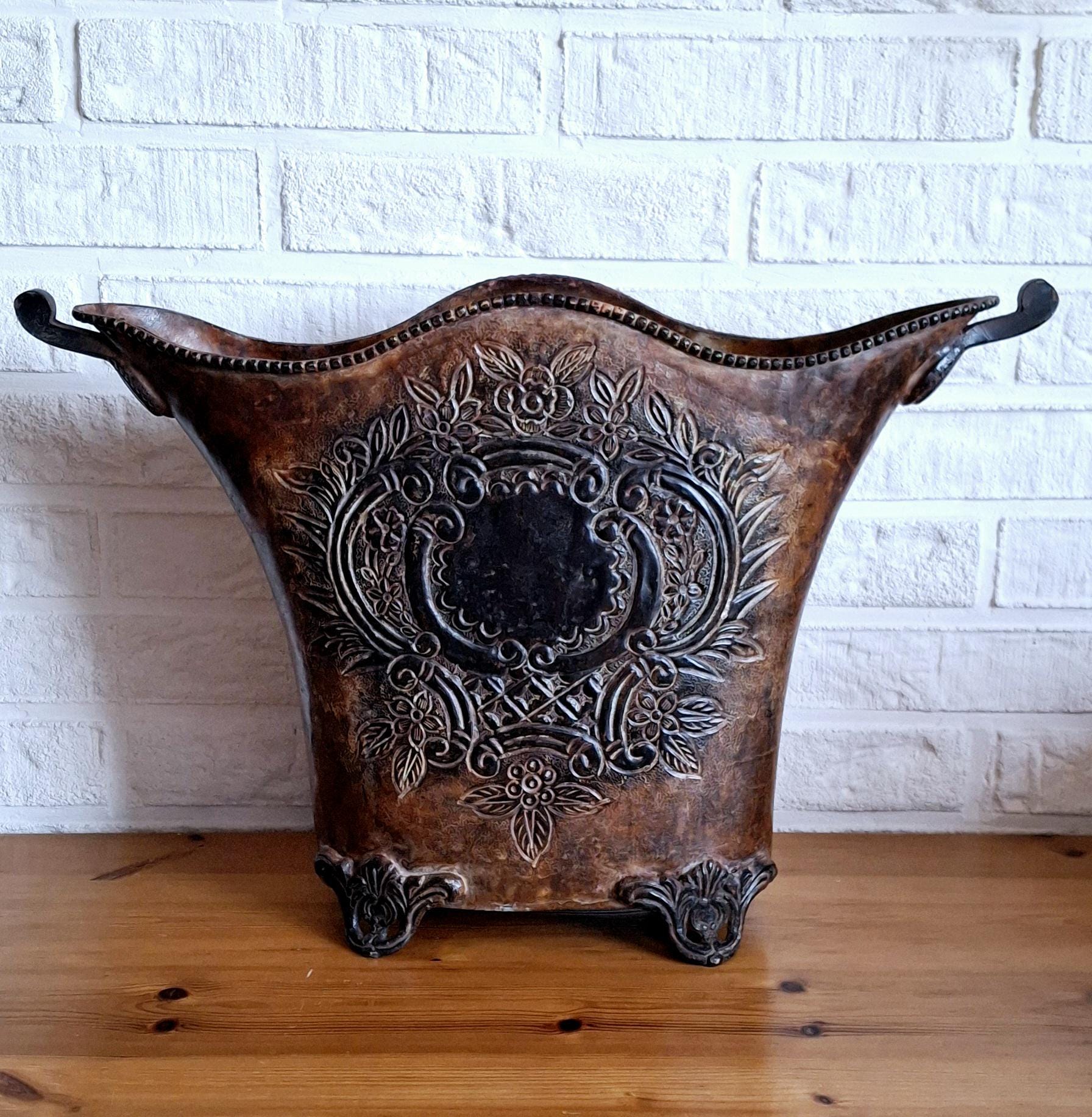 Antique decorative metal planter, Fireplace accessory holder