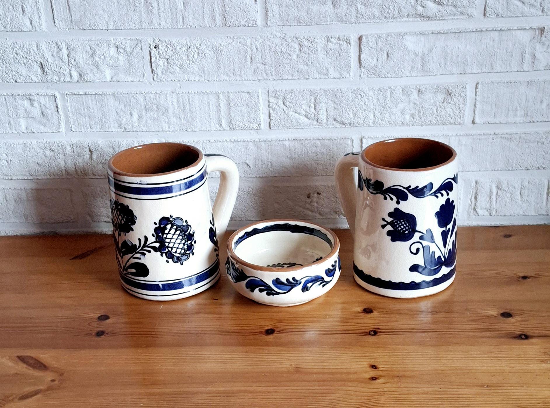 Ceramic beer set, beer mugs and bowl with blue floral design
