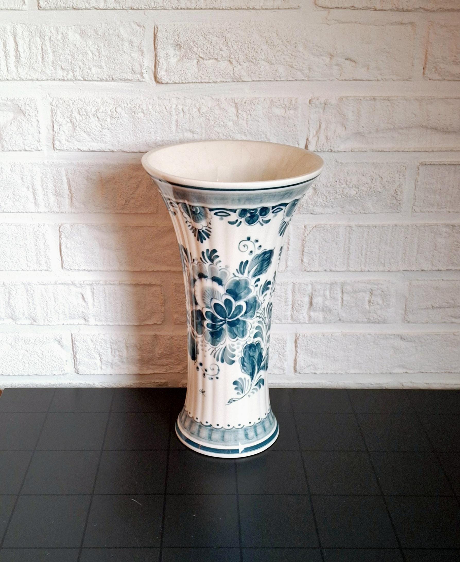 Hand-painted Delft vase, Blue-green floral design
