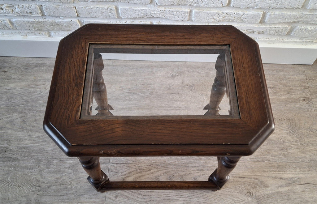 Wooden display table with glass top, Plant table, Rustic small coffee table, bedside table