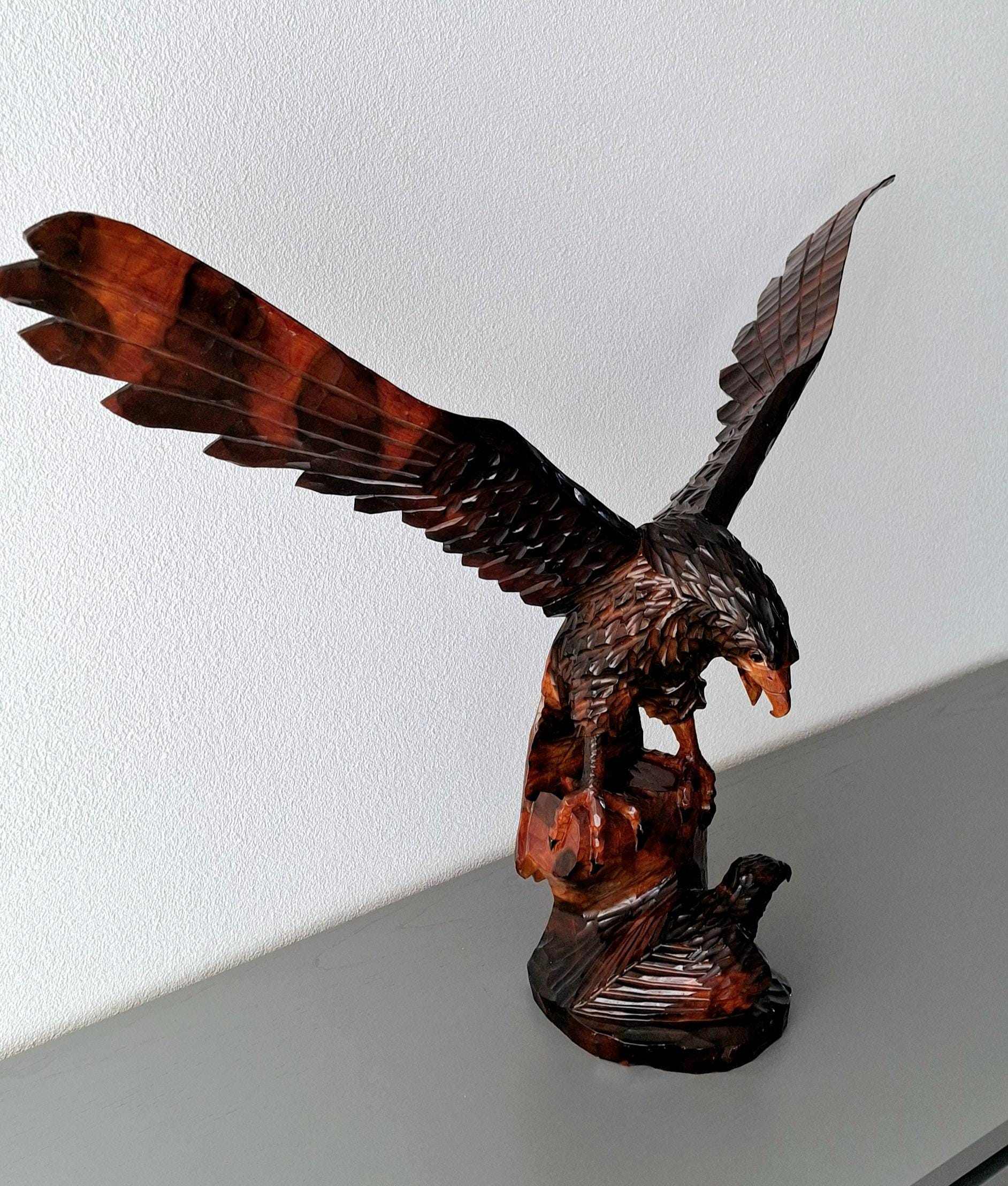 Hand carved wooden eagle sculpture, Original 1980s wooden figurin