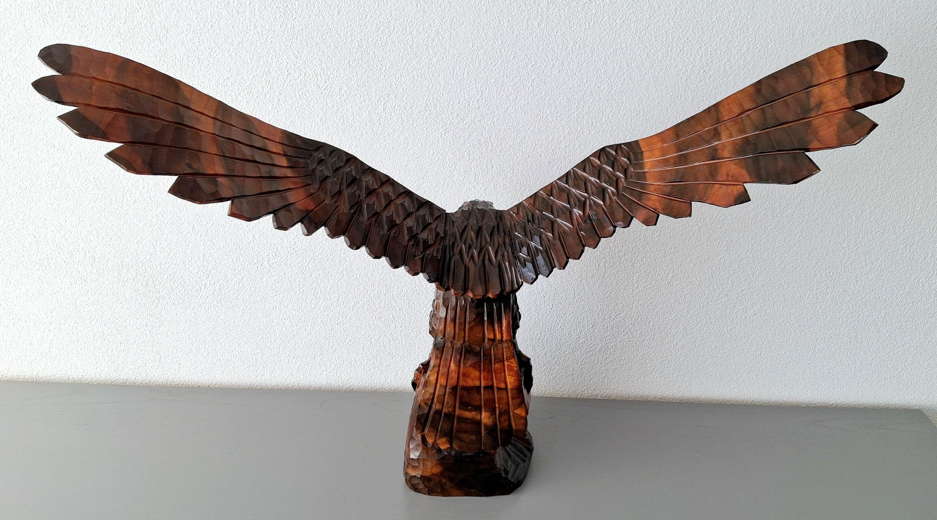 Hand carved wooden eagle sculpture, Original 1980s wooden figurin