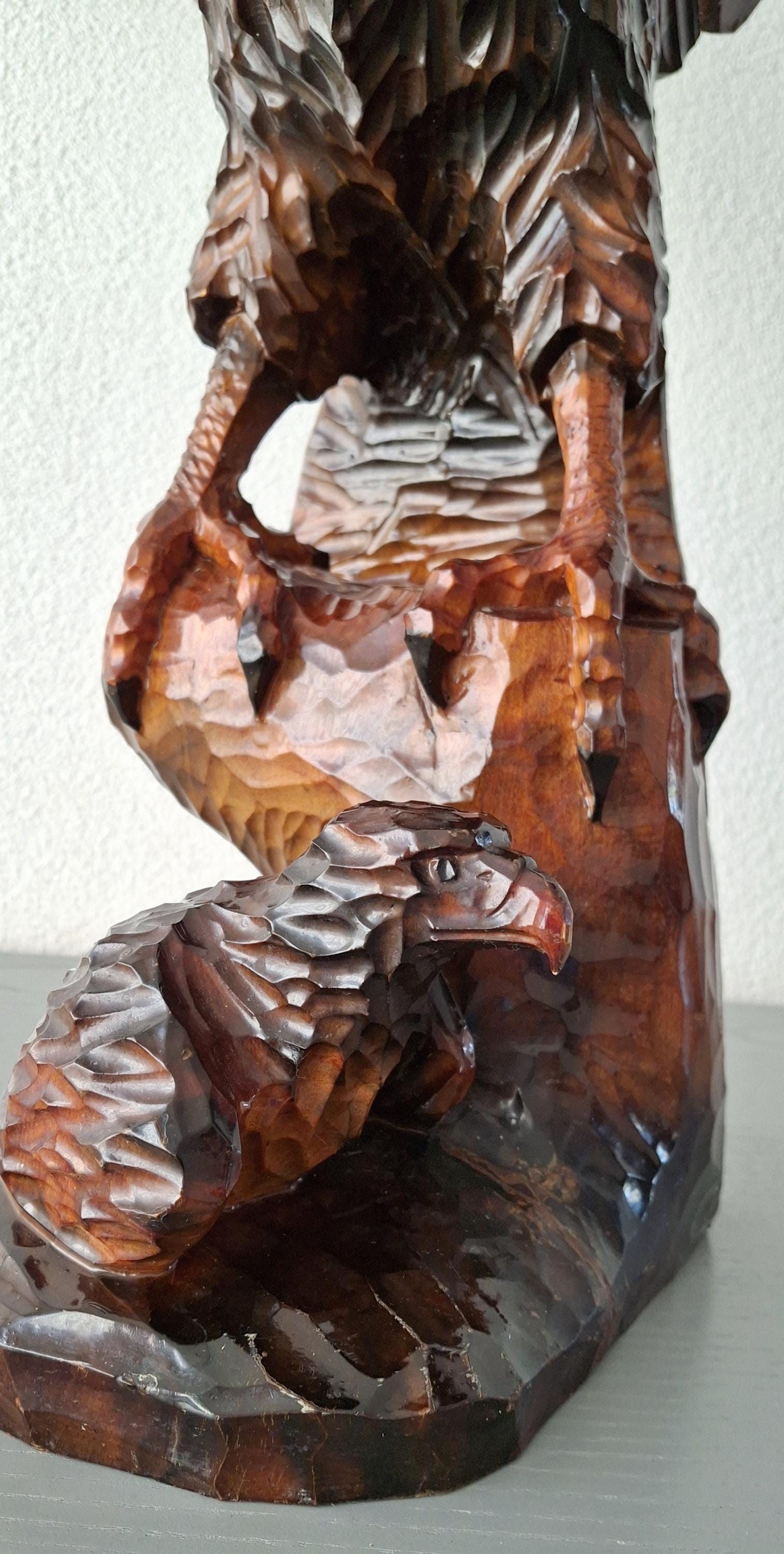Hand carved wooden eagle sculpture, Original 1980s wooden figurin
