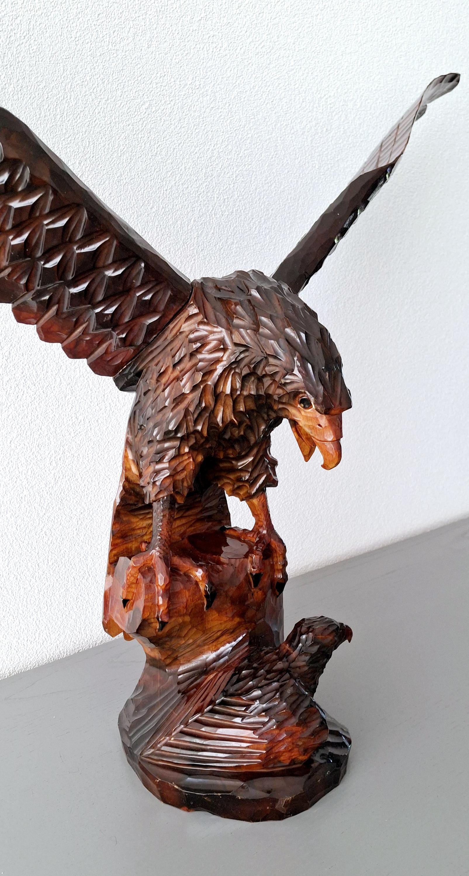 Hand carved wooden eagle sculpture, Original 1980s wooden figurin