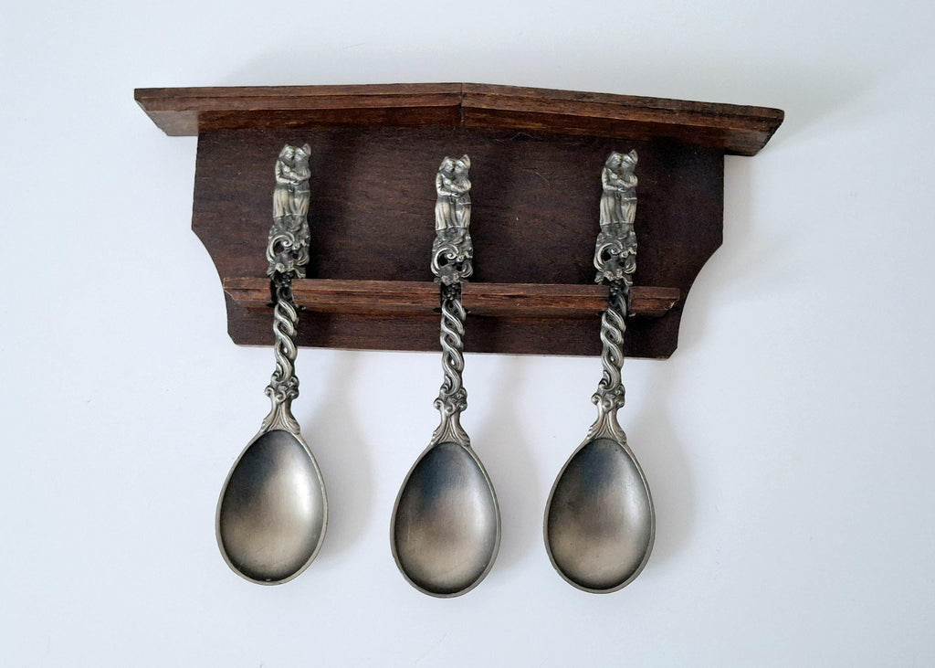 Dutch pewter spoon set with wooden wall mount, Kitchen decor