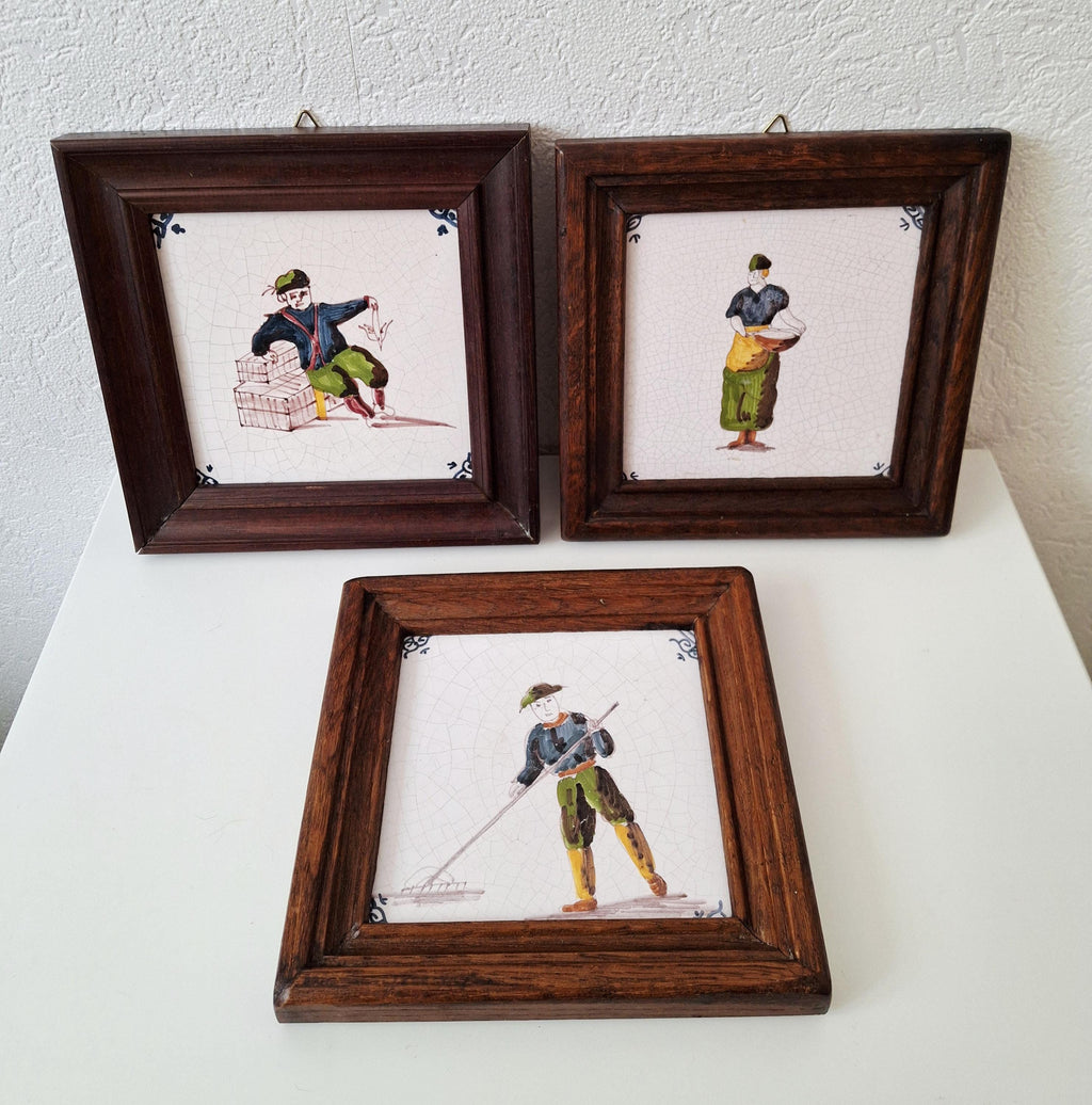 Dutch polychrome tiles from the mid-20th, Delft ceramic tile, Fisherman, Woman with basket, Man with a rake