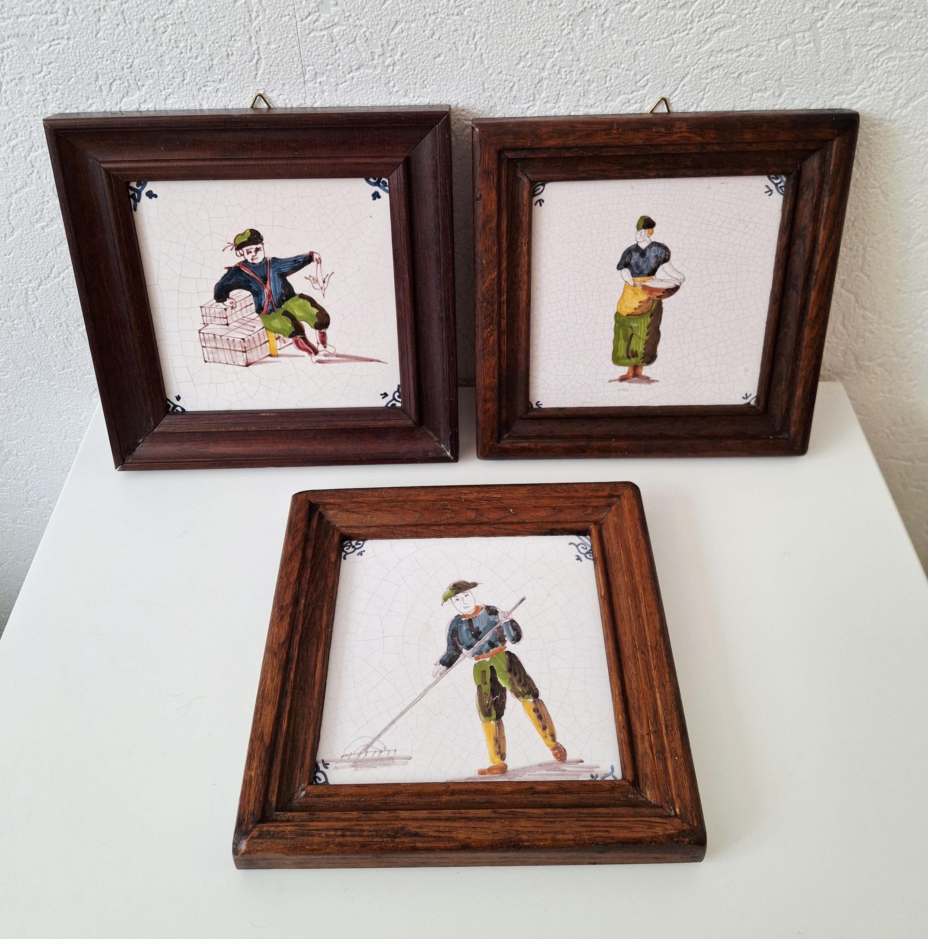Dutch polychrome tiles from the mid-20th, Delft ceramic tile, Fisherman, Woman with basket, Man with a rake